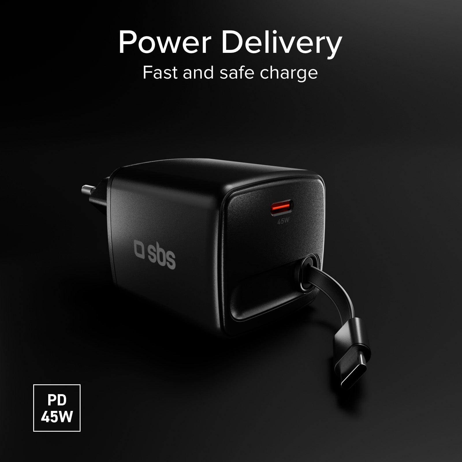 Caricatore USB-C 45 W con cavo integrato retrattile GaN