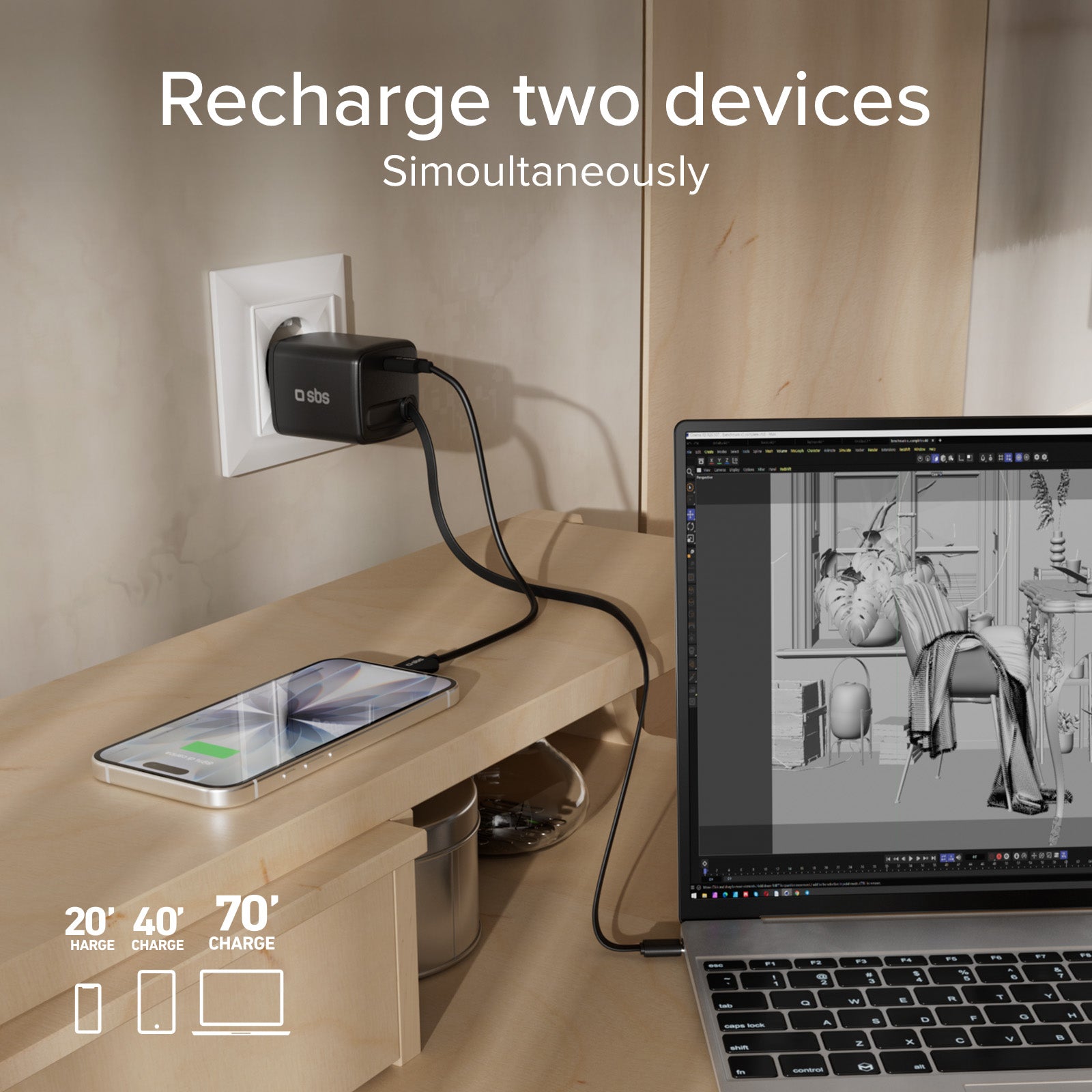 Caricatore USB-C 45 W con cavo integrato retrattile GaN