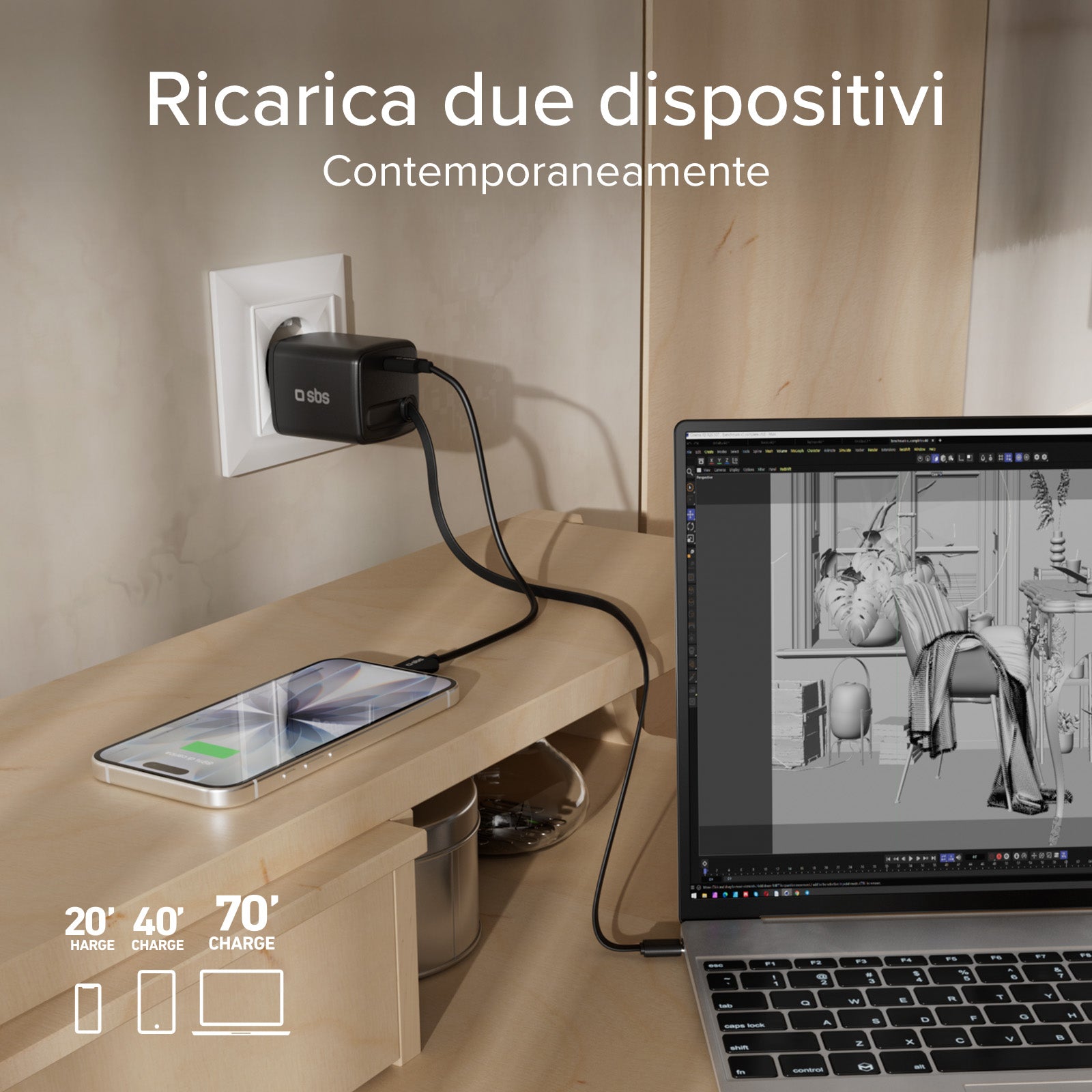 Caricatore USB-C 45W con cavo integrato retrattile GaN