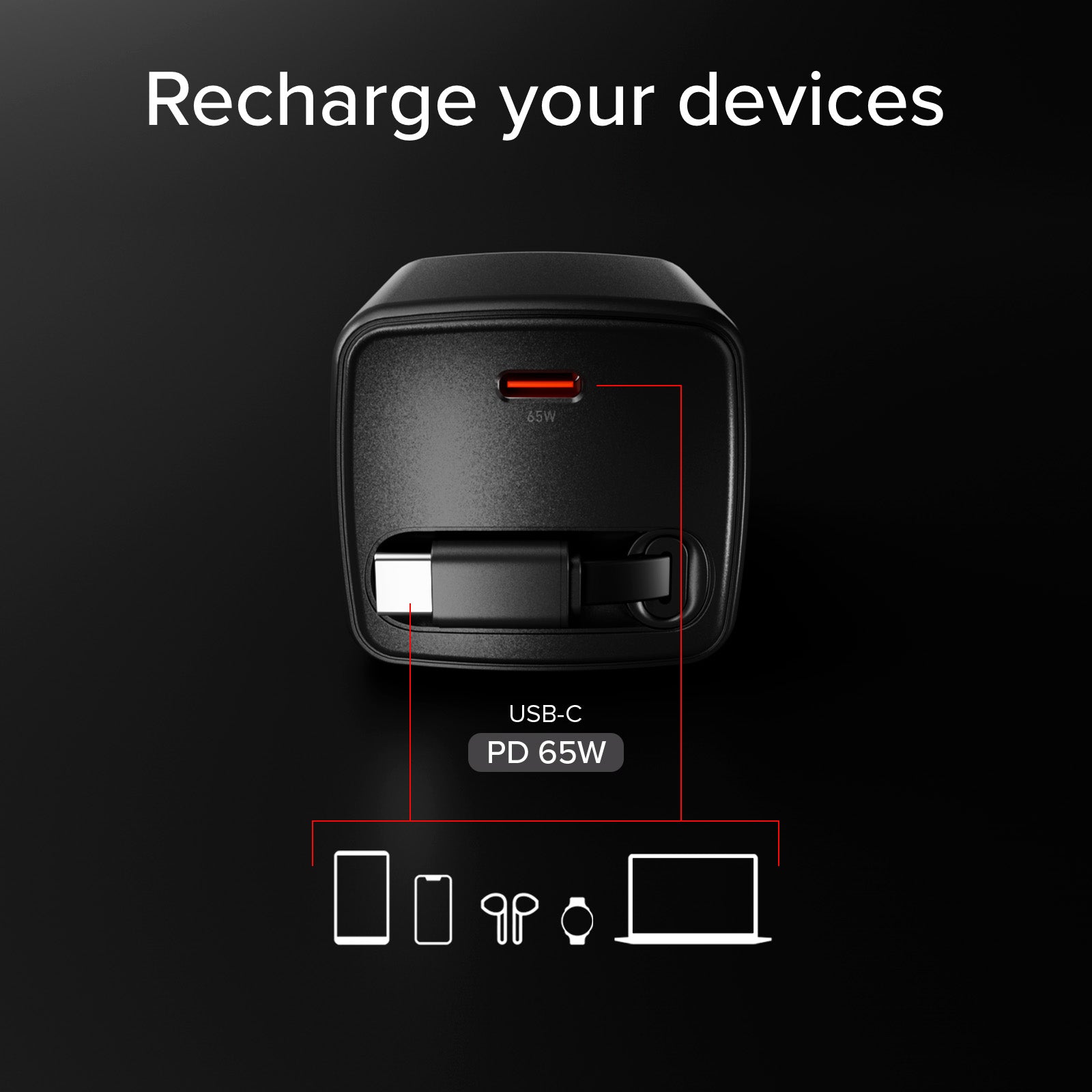 Caricatore USB-C 65W con cavo retrattile GaN