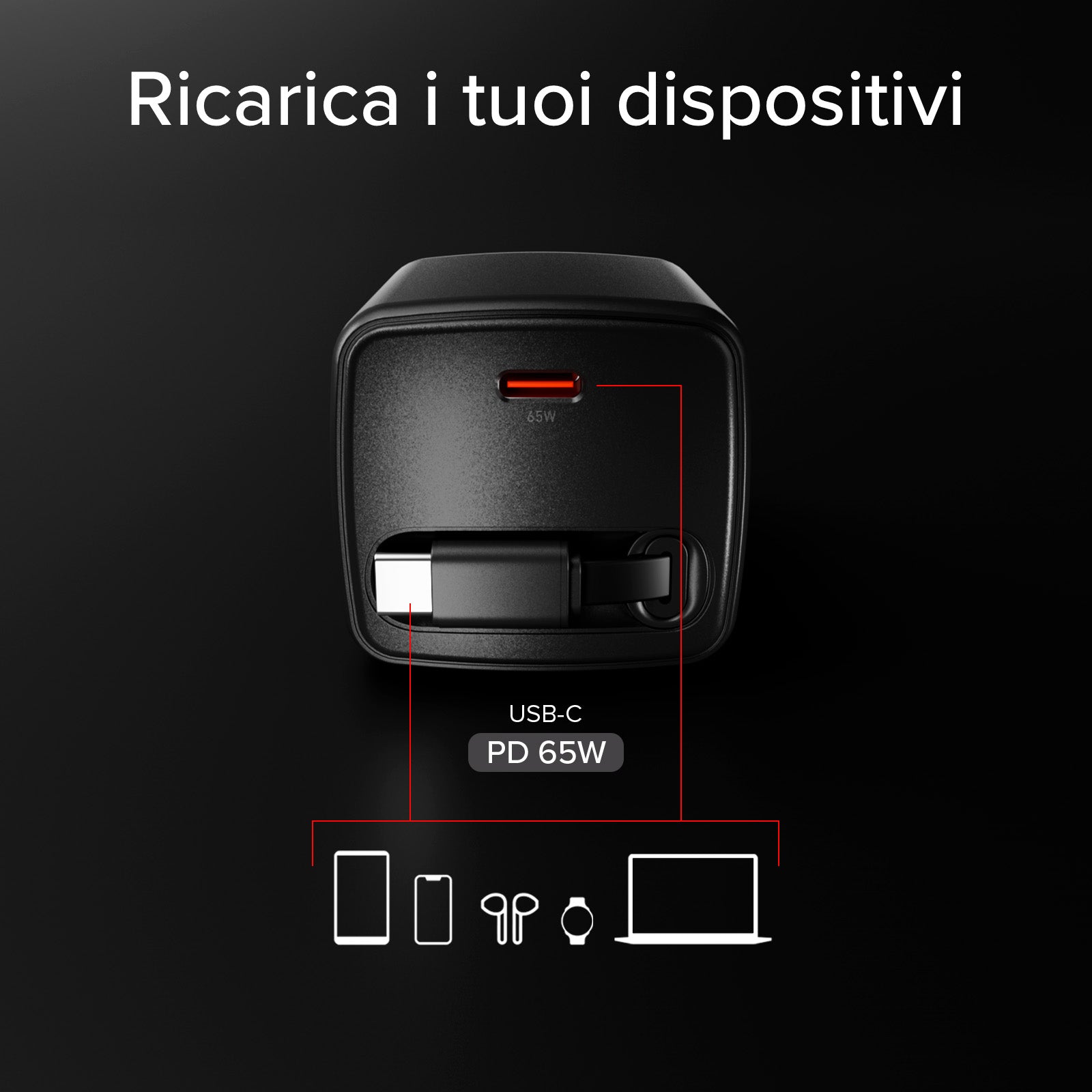 Caricatore USB-C 65W con cavo retrattile GaN
