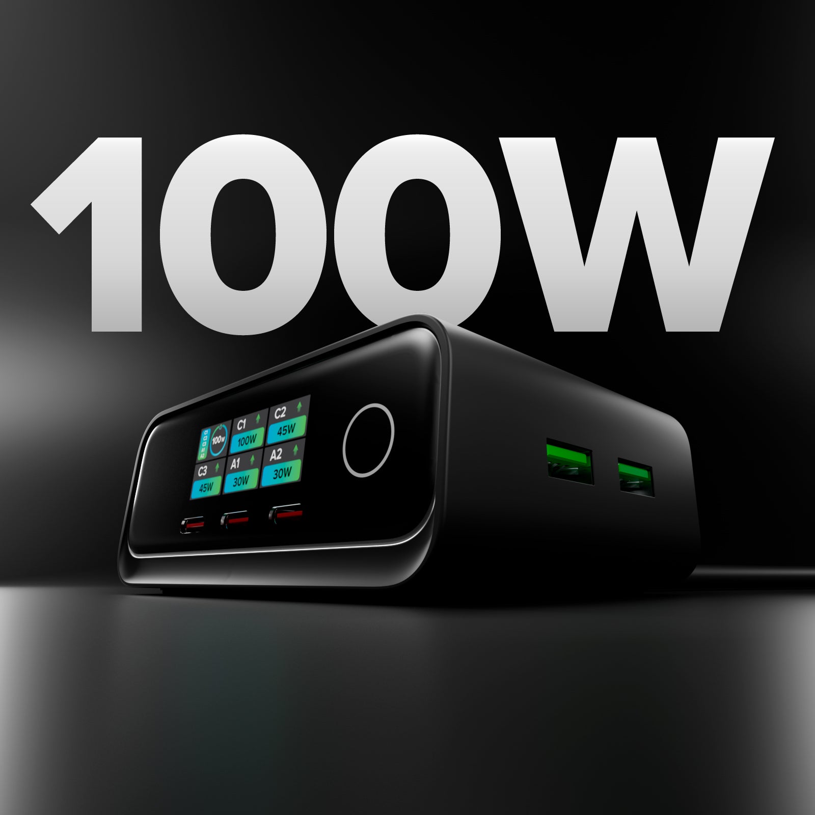 Stazione di ricarica da scrivania 100W Power Delivery con Smart Color Display, 3 porte USB-C e 2 USB-A, ideale per laptop