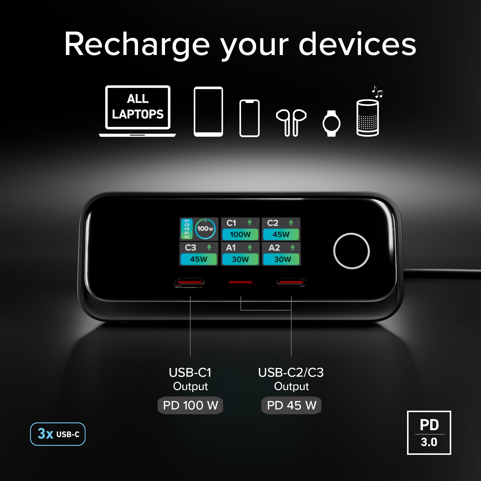 Stazione di ricarica da scrivania 100W Power Delivery con Smart Color Display, 3 porte USB-C e 2 USB-A, ideale per laptop