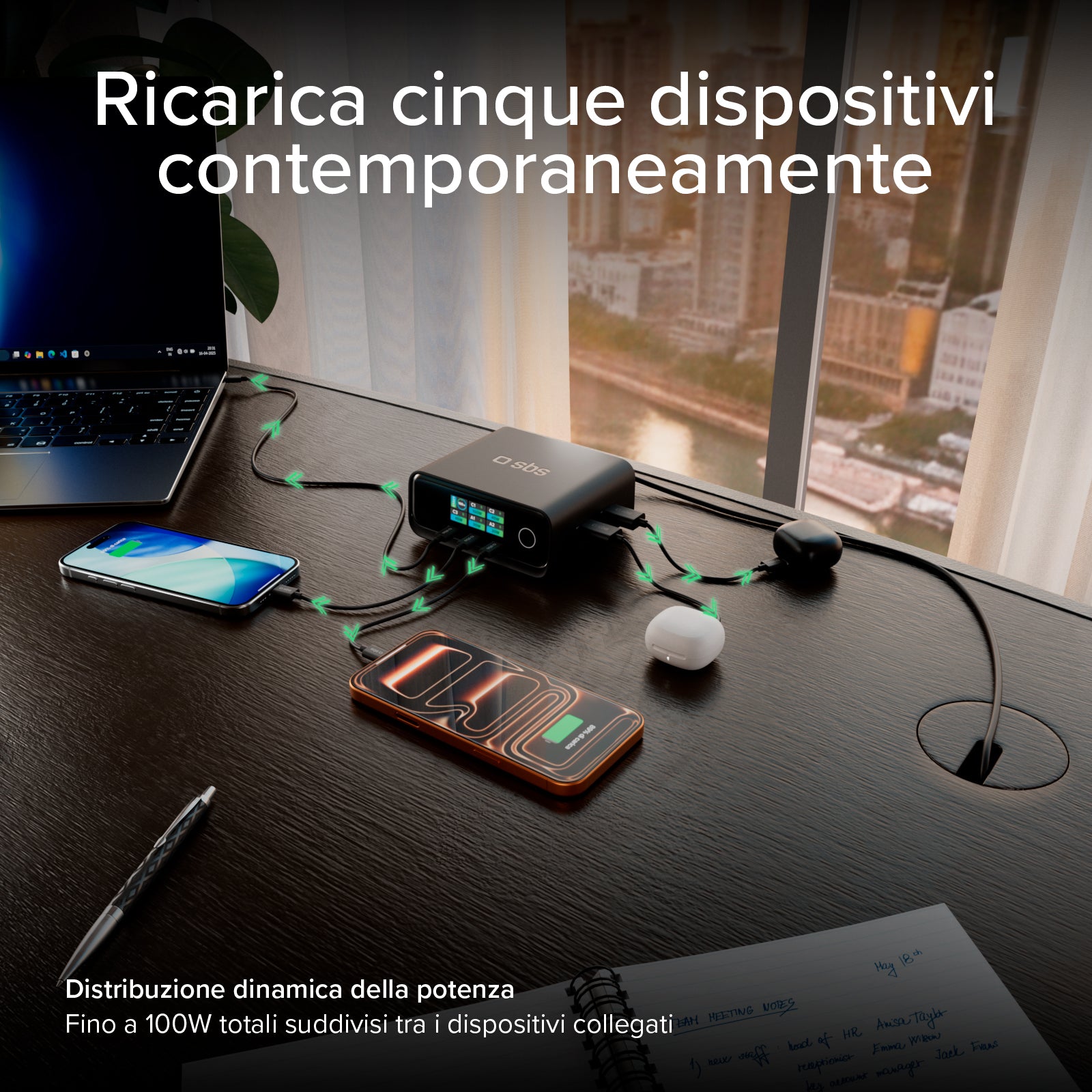 Stazione di ricarica da scrivania 100W Power Delivery con Smart Color Display, 3 porte USB-C e 2 USB-A, ideale per laptop
