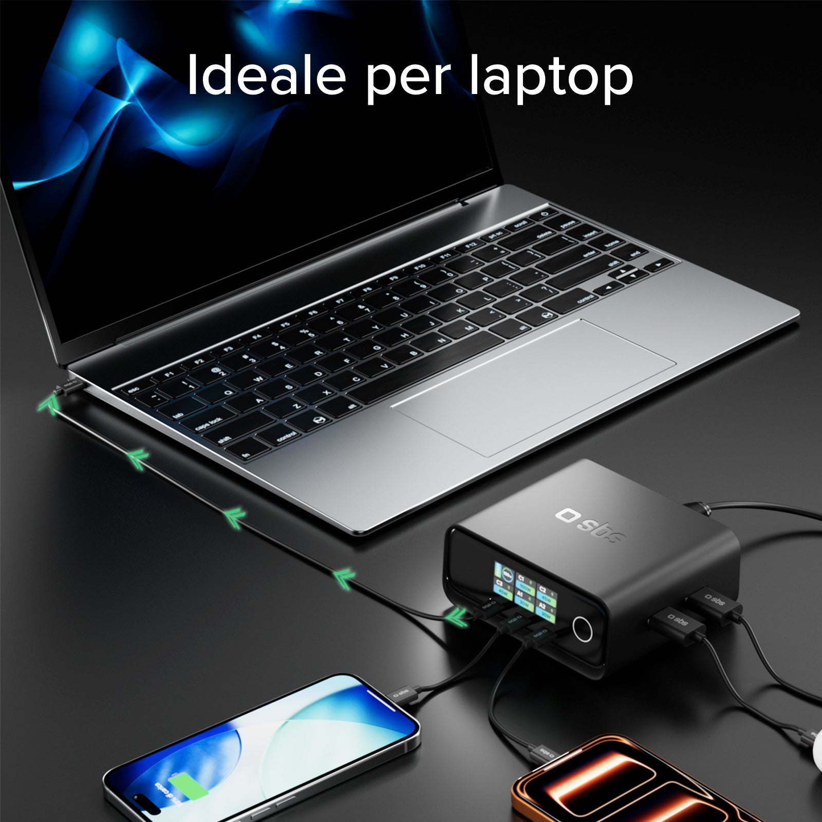 100W Power Delivery Tischladestation mit Smart Color Display, 3 USB-C- und 2 USB-A-Anschlüssen, ideal für Laptops