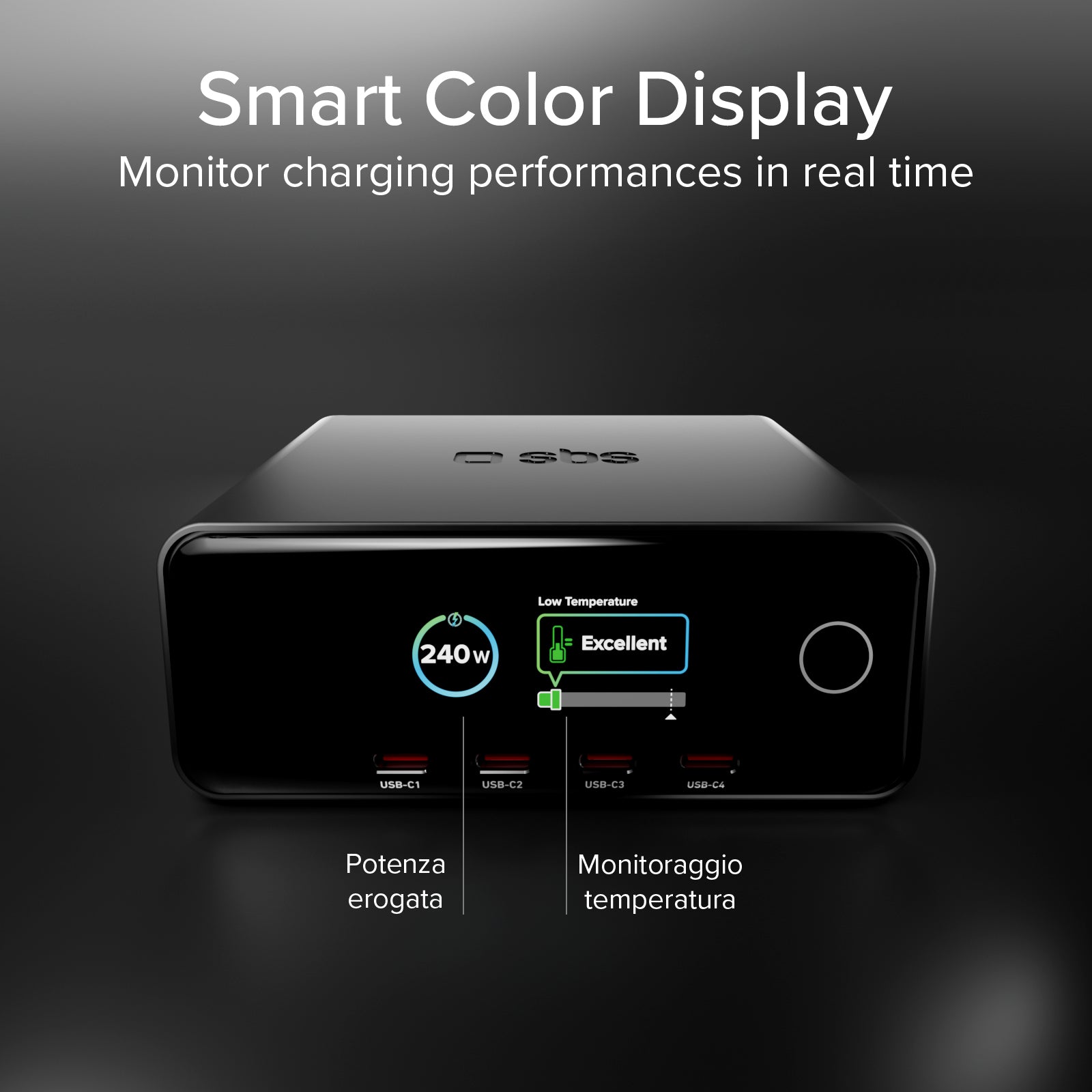 Estación de carga de escritorio 240W con 6 puertos y Smart Color Display, ideal para portátiles