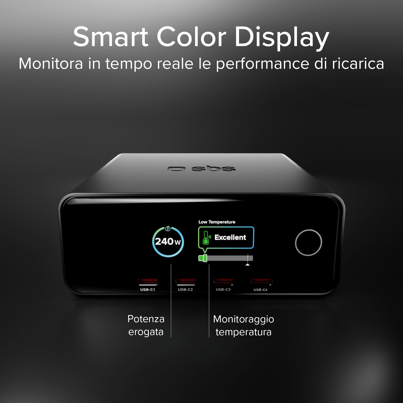 Estación de carga de escritorio 240W con 6 puertos y Smart Color Display, ideal para portátiles