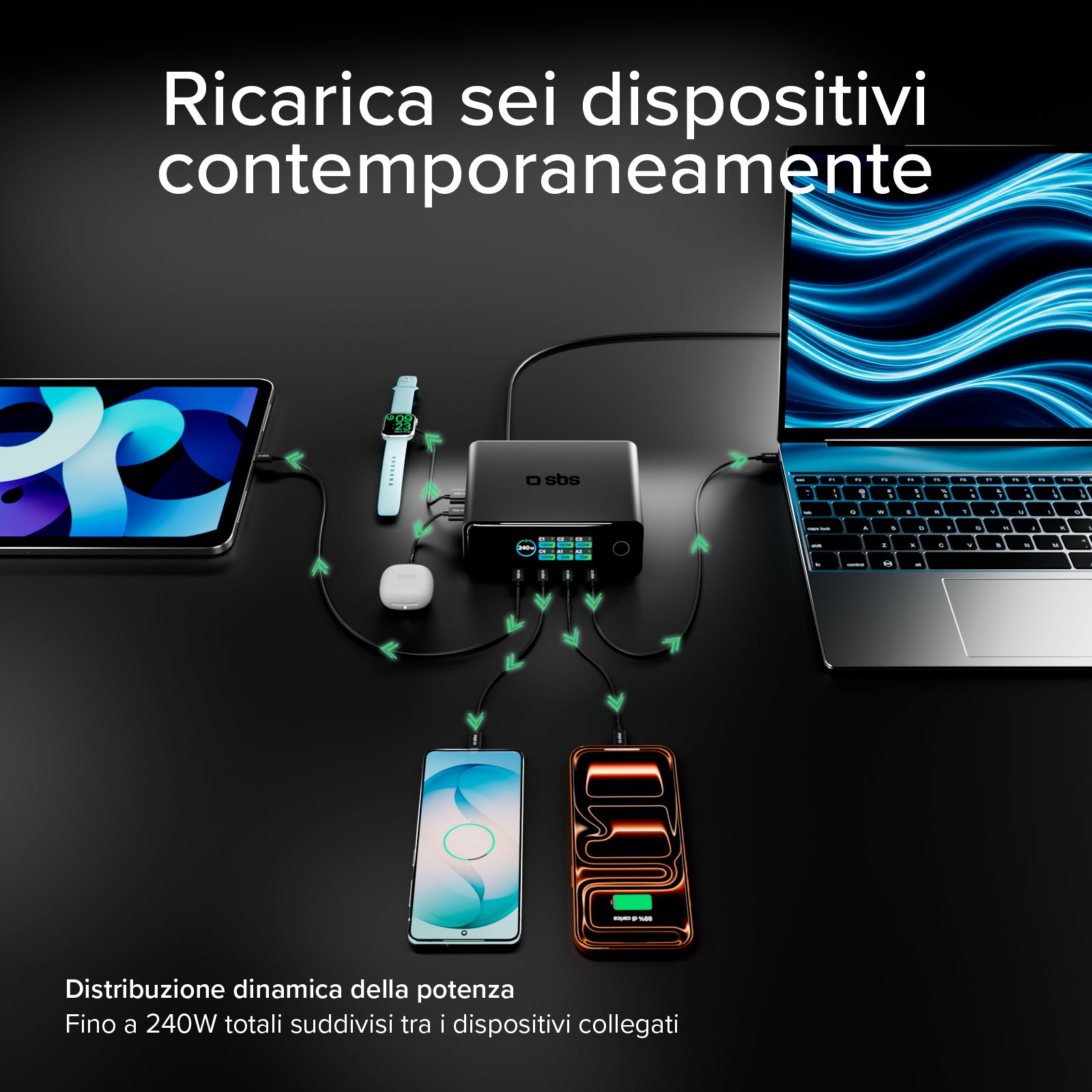 Estación de carga de escritorio 240W con 6 puertos y Smart Color Display, ideal para portátiles