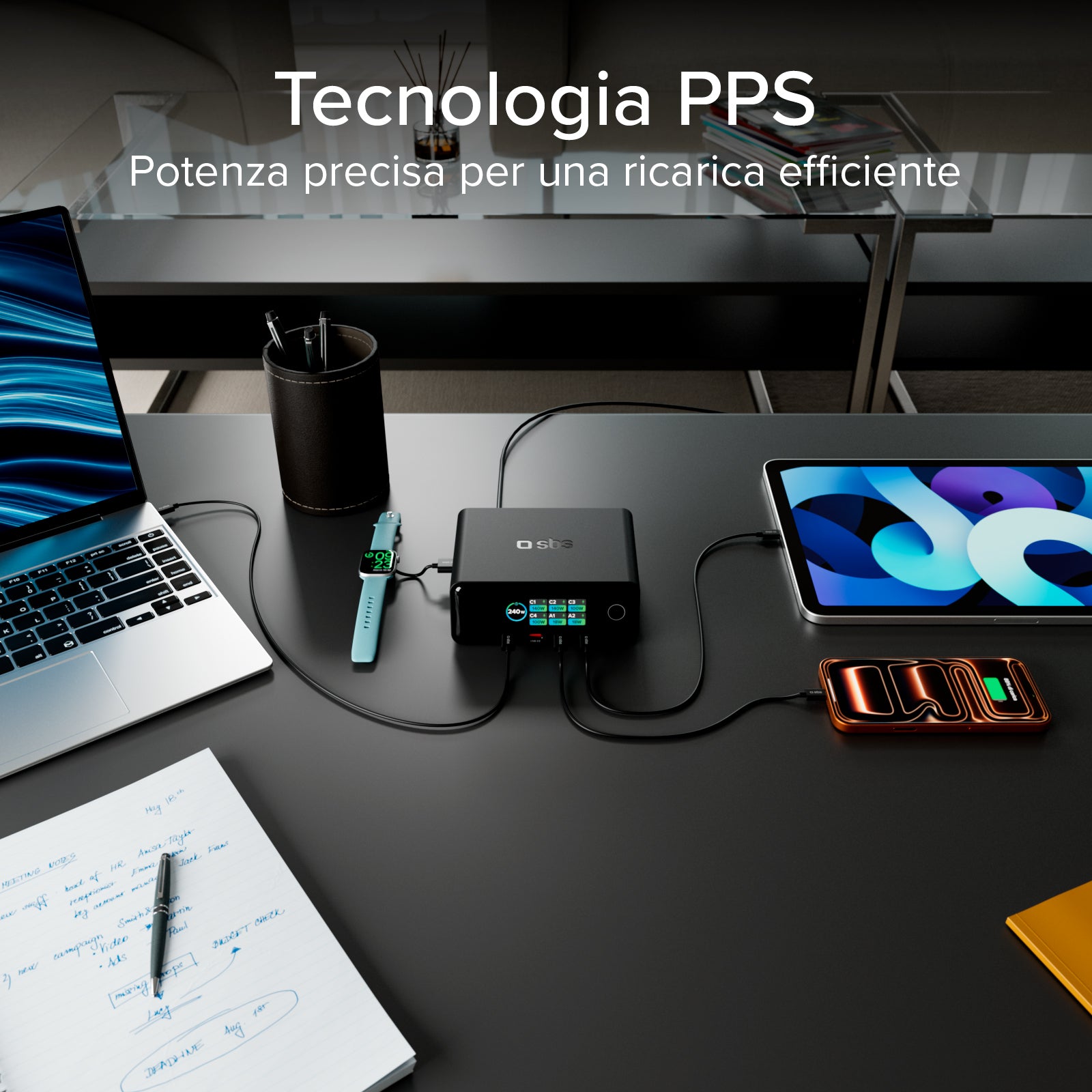 Estación de carga de escritorio 240W con 6 puertos y Smart Color Display, ideal para portátiles