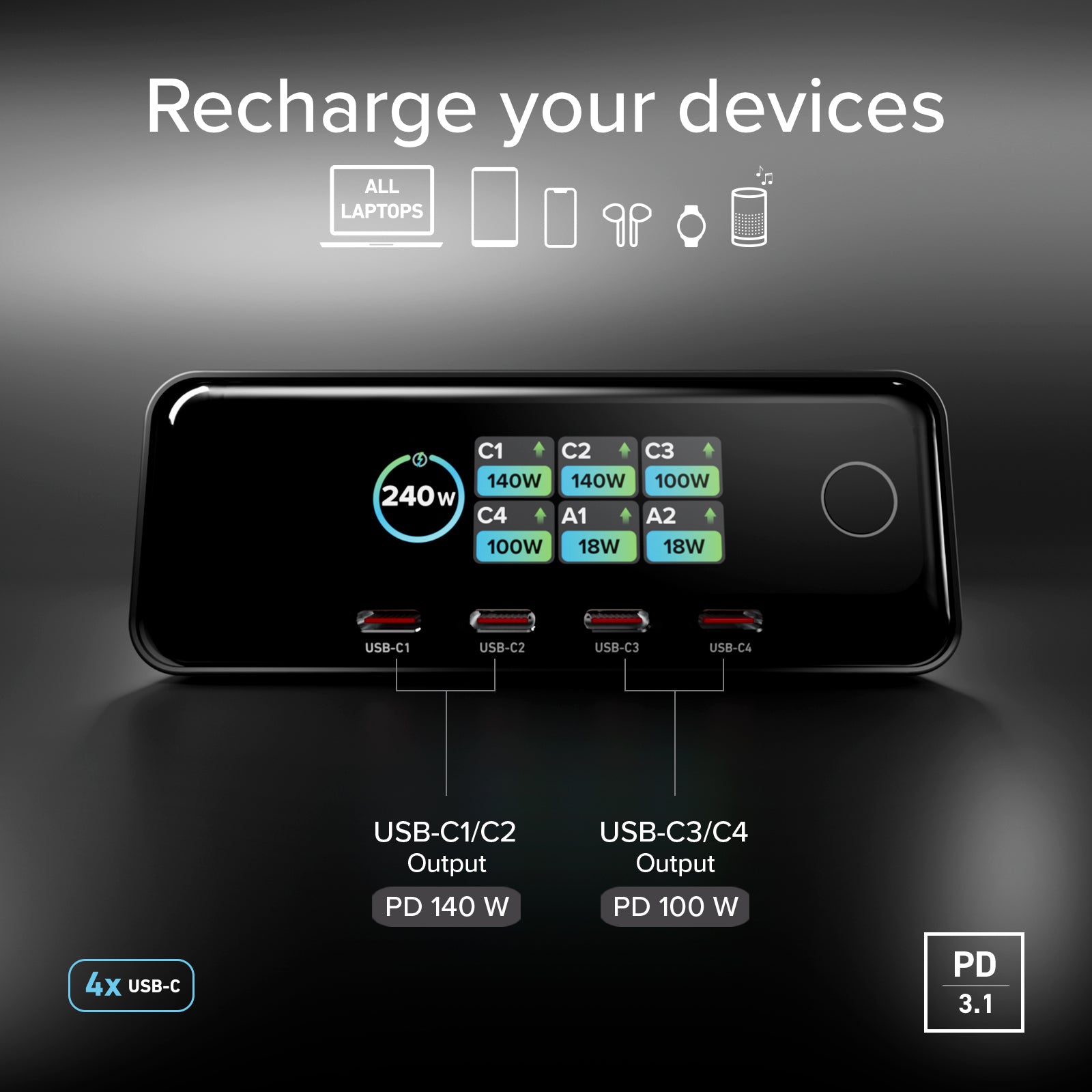240W Desktop-Ladestation mit 6 Anschlüssen und Smart Color Display, ideal für Laptops