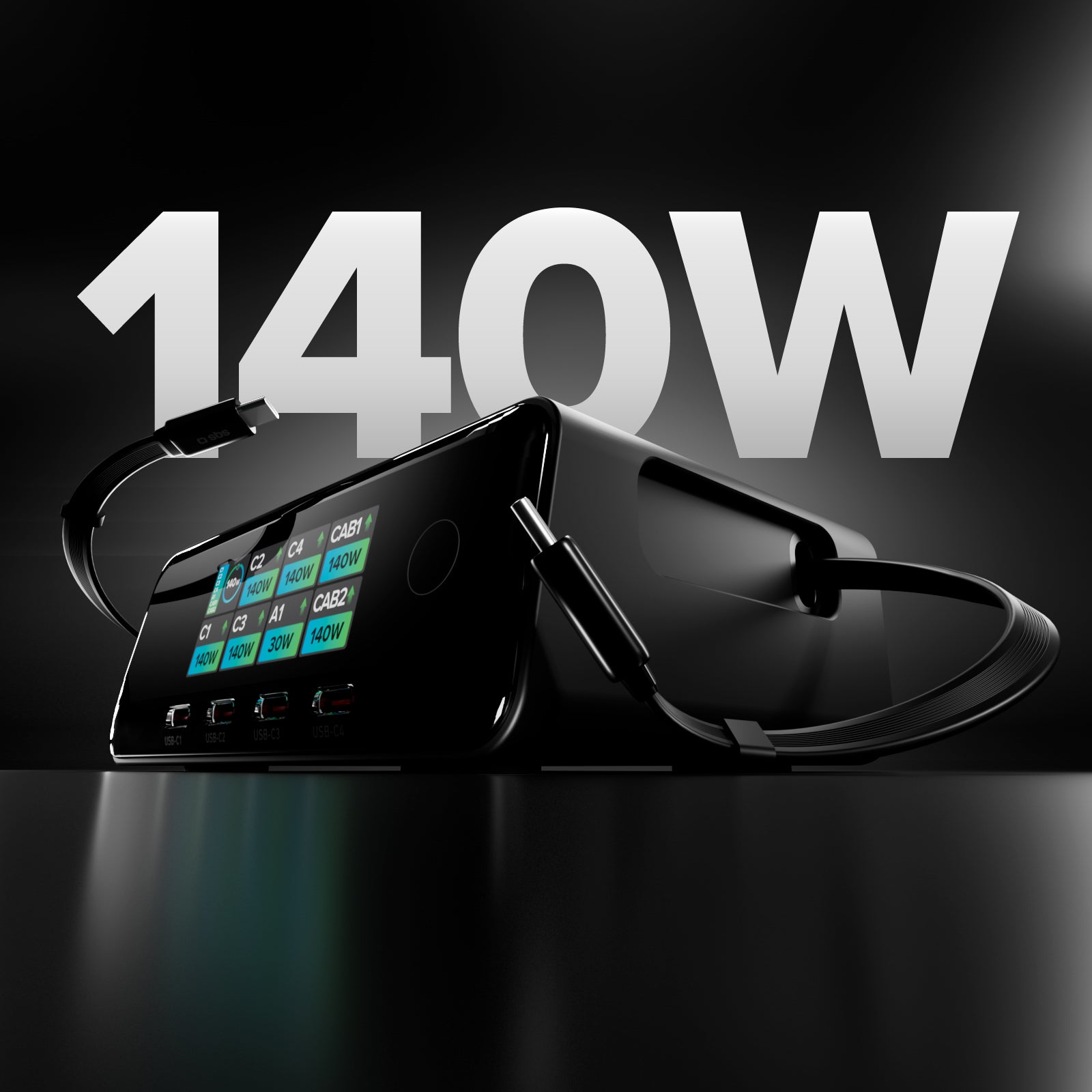 Stazione di ricarica da 140W con 2 cavi retrattili e 5 porte USB-C/USB-A per la ricarica, Display TFT