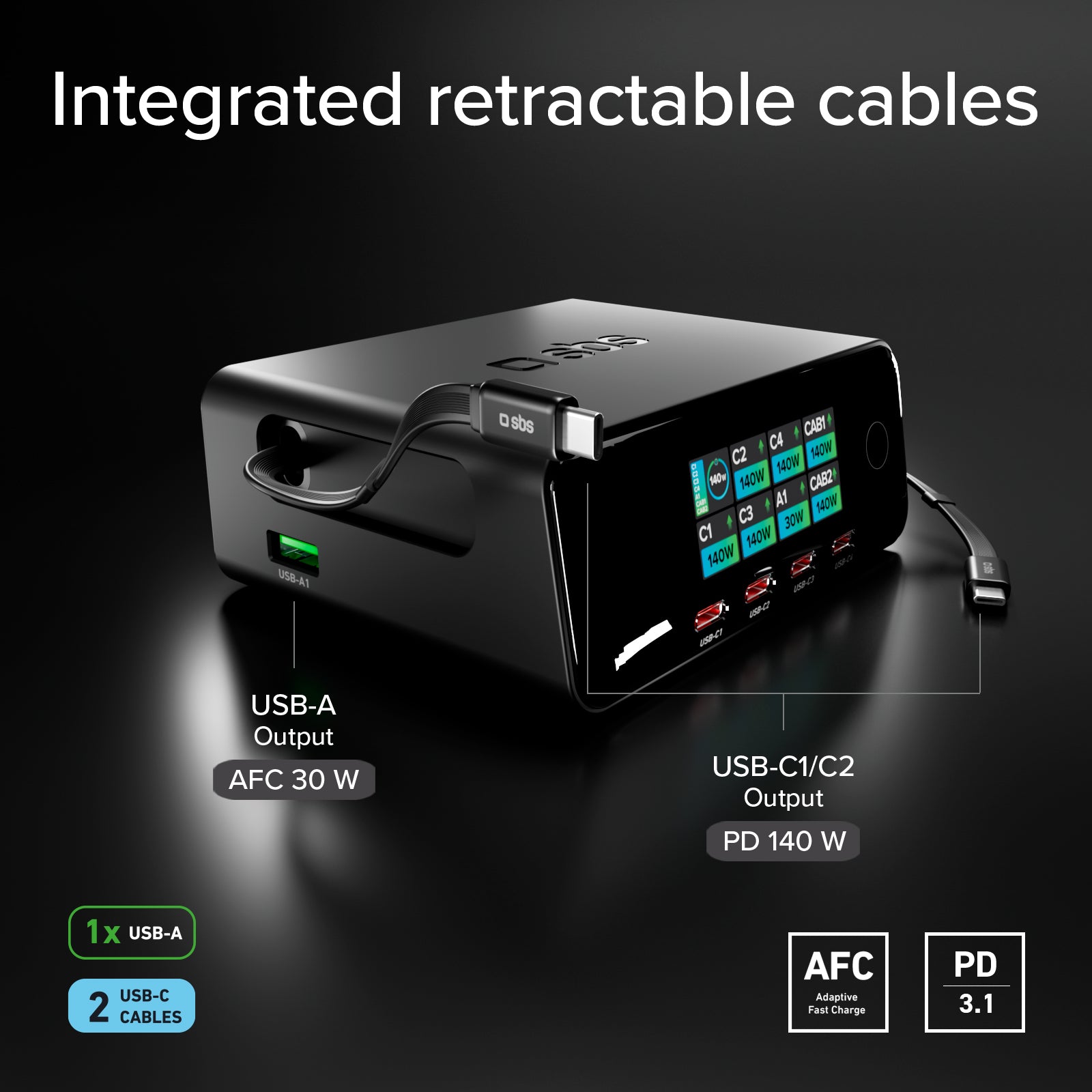 Stazione di ricarica da 140W con 2 cavi retrattili e 5 porte USB-C/USB-A per la ricarica, Display TFT