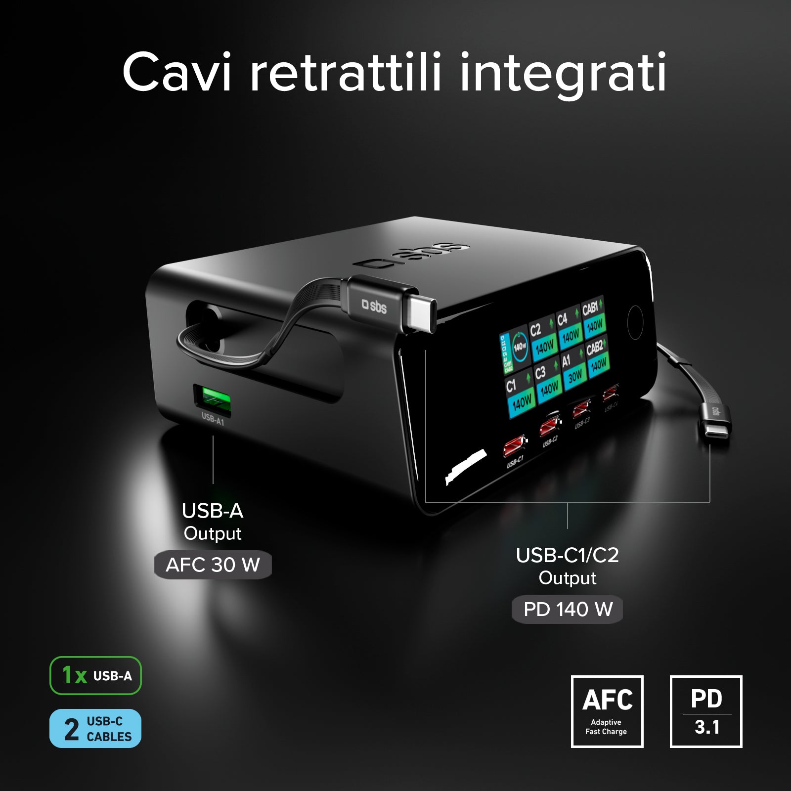 Stazione di ricarica da 140W con 2 cavi retrattili e 5 porte USB-C/USB-A per la ricarica, Display TFT