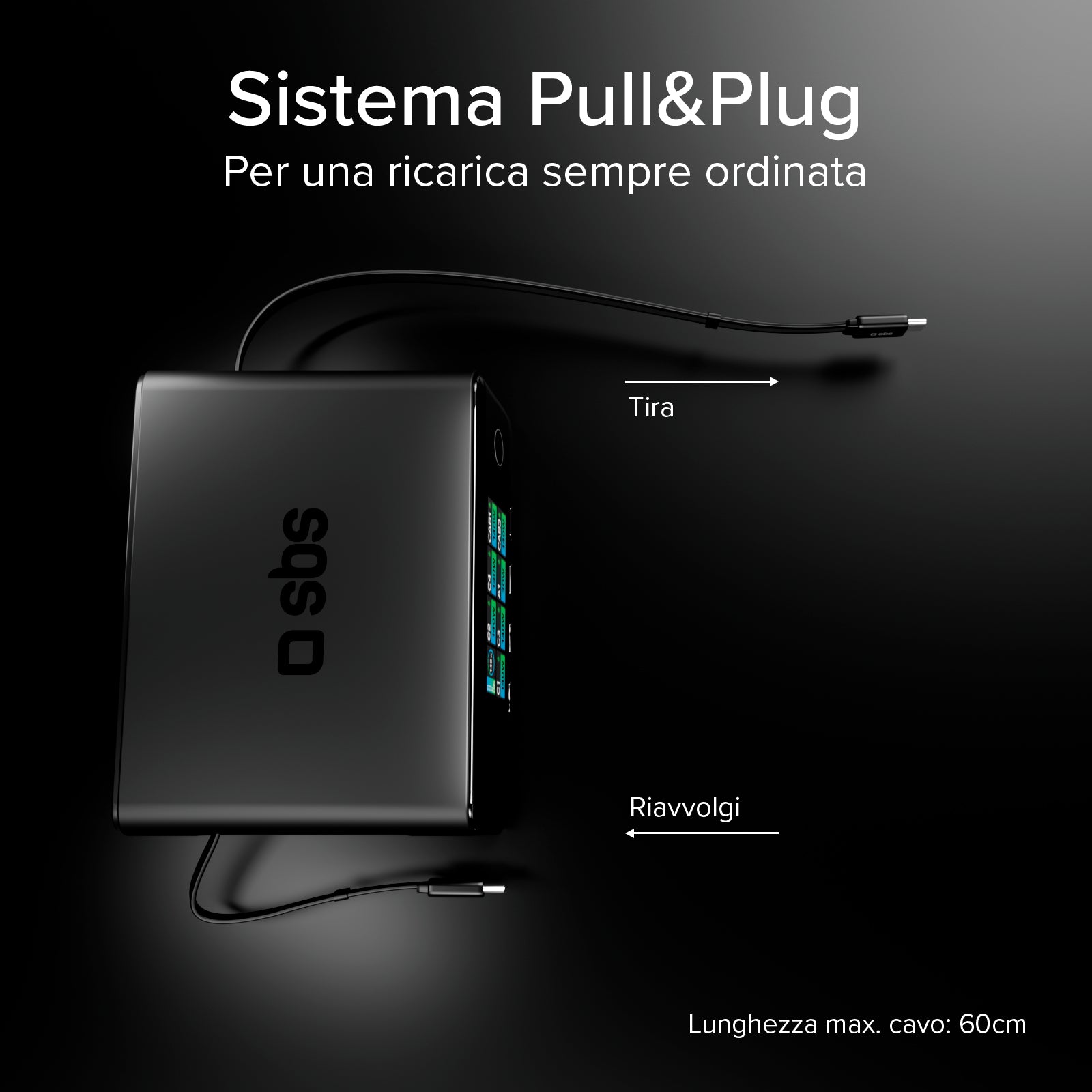 Stazione di ricarica da 140W con 2 cavi retrattili e 5 porte USB-C/USB-A per la ricarica, Display TFT