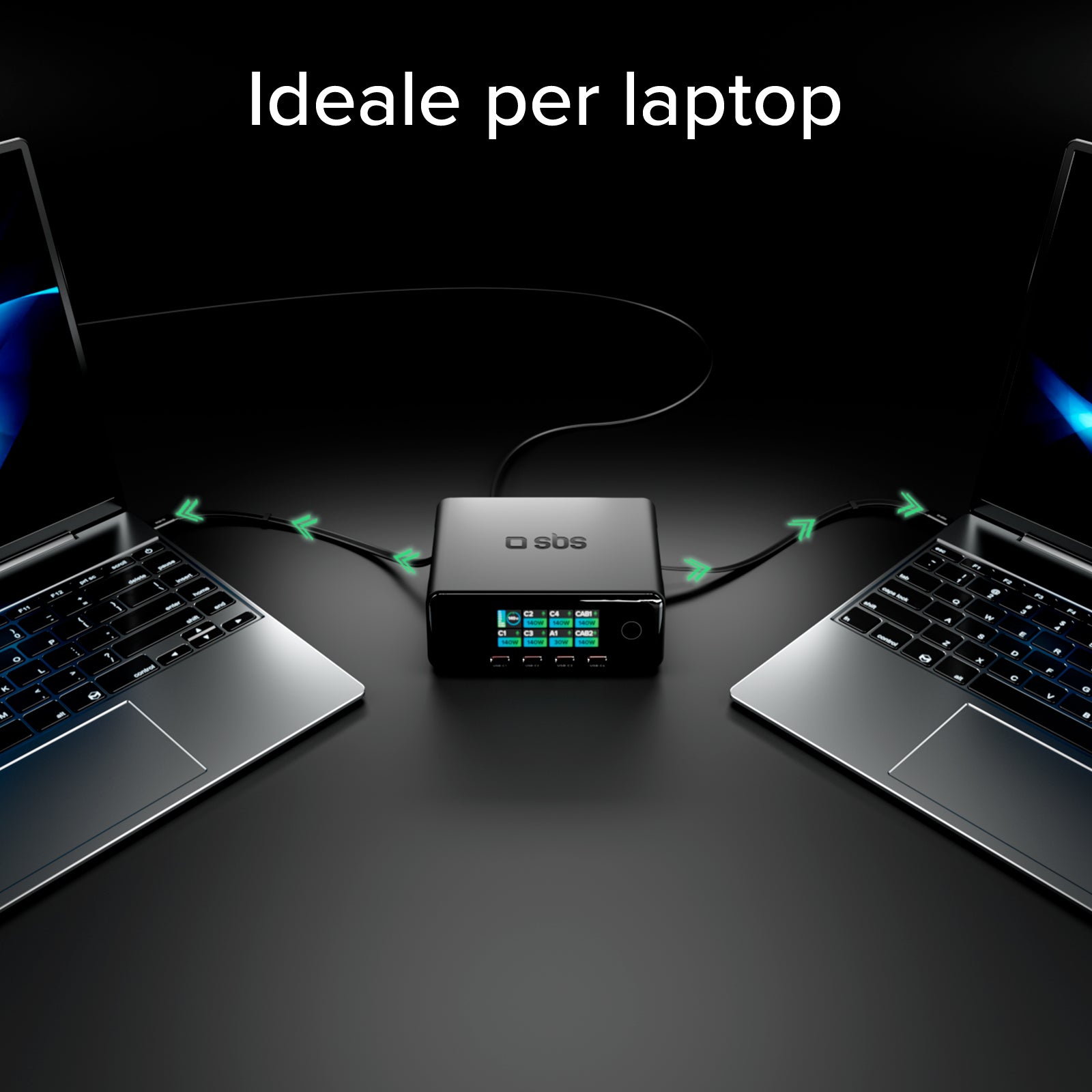 Stazione di ricarica da 140W con 2 cavi retrattili e 5 porte USB-C/USB-A per la ricarica, Display TFT