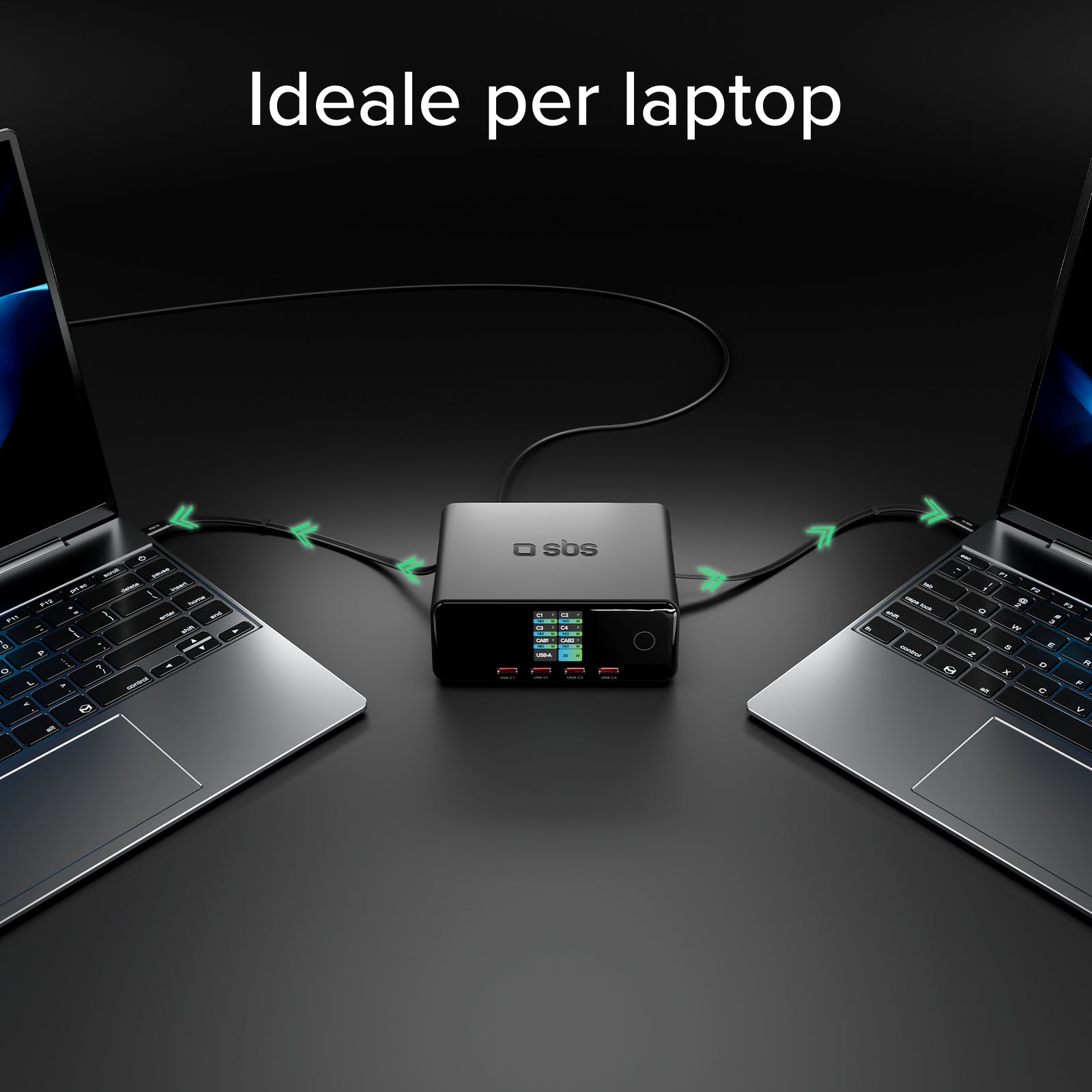 140W charging station with 2 retractable cables and 5 USB-C/USB-A ports, TFT display