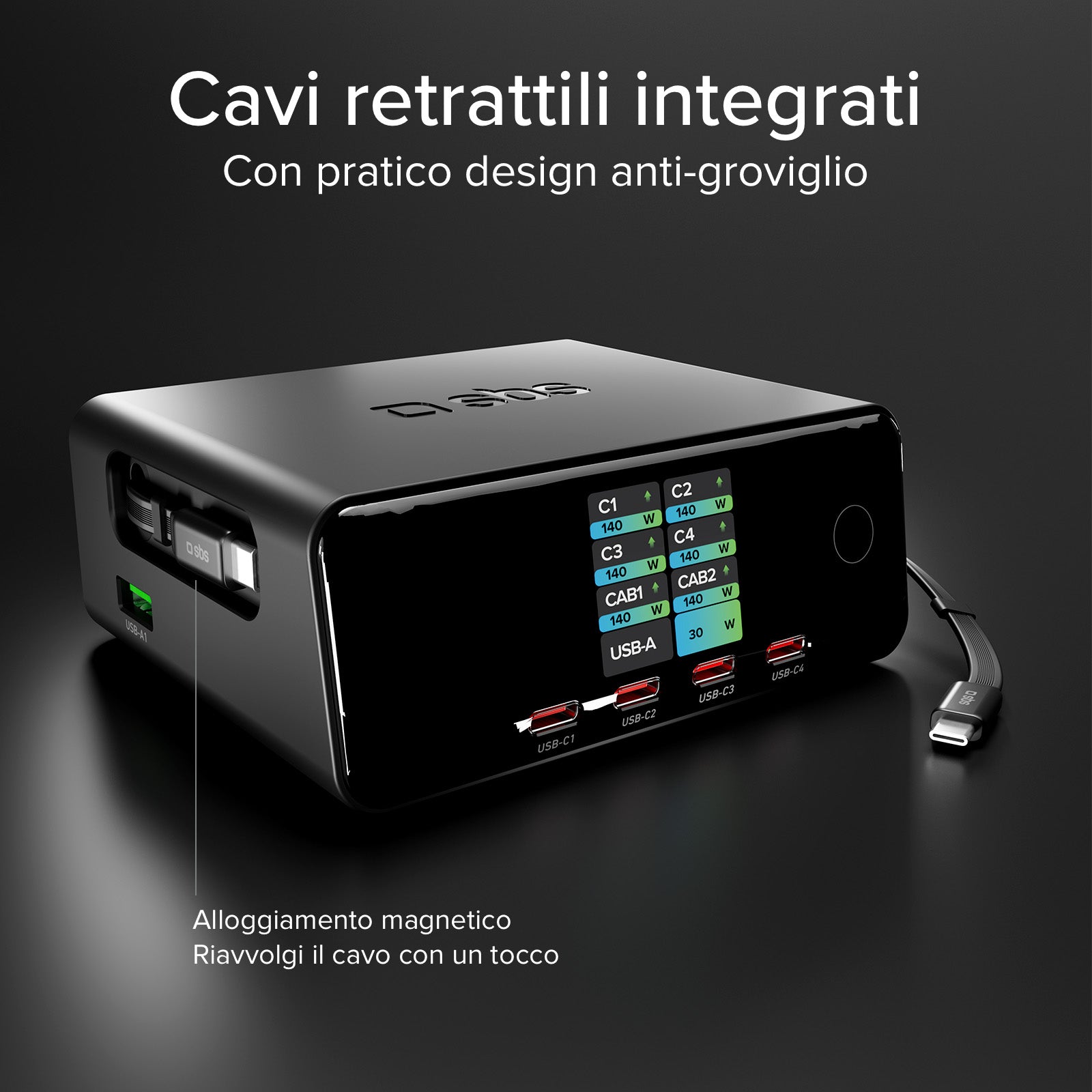 140W charging station with 2 retractable cables and 5 USB-C/USB-A ports, TFT display