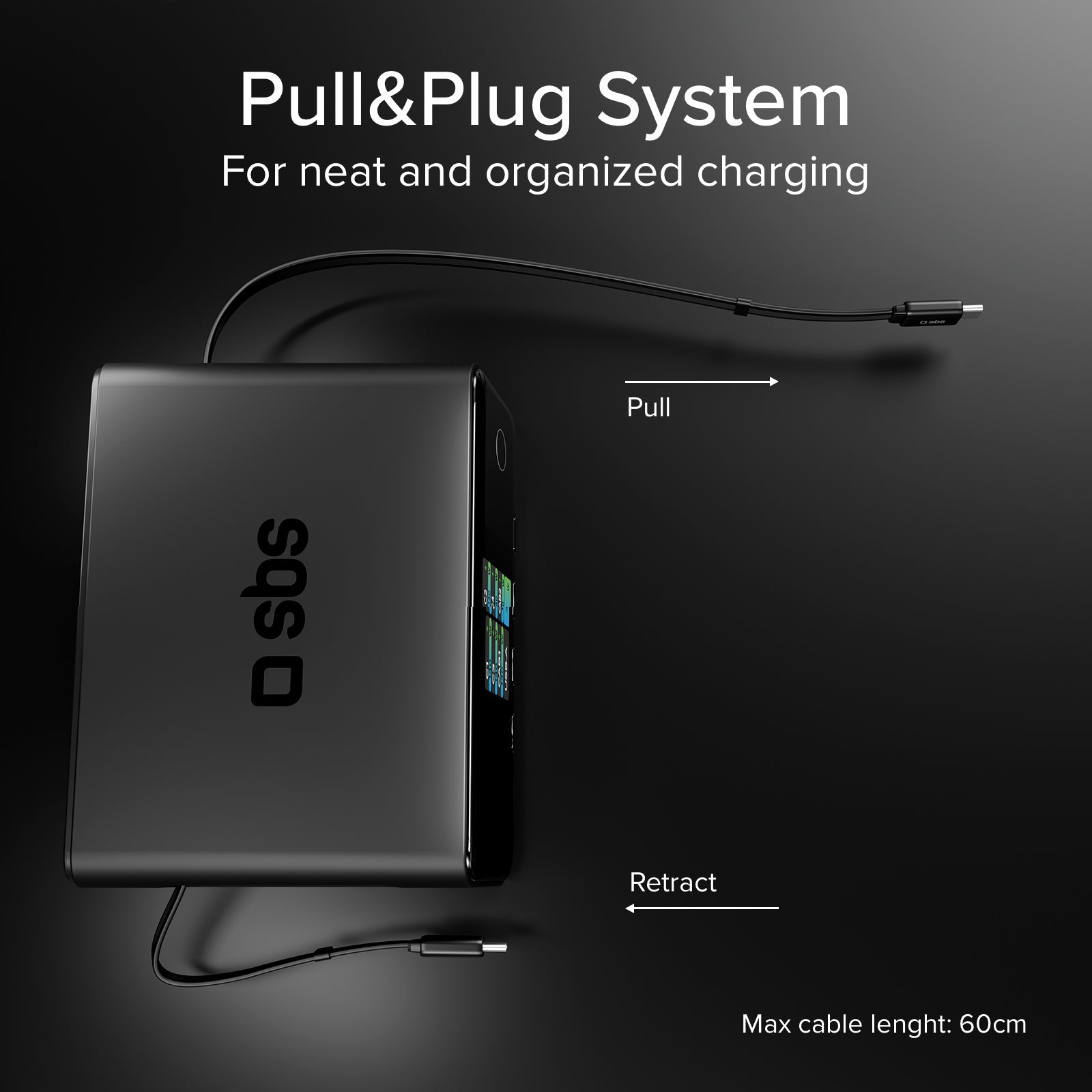 140W charging station with 2 retractable cables and 5 USB-C/USB-A ports, TFT display