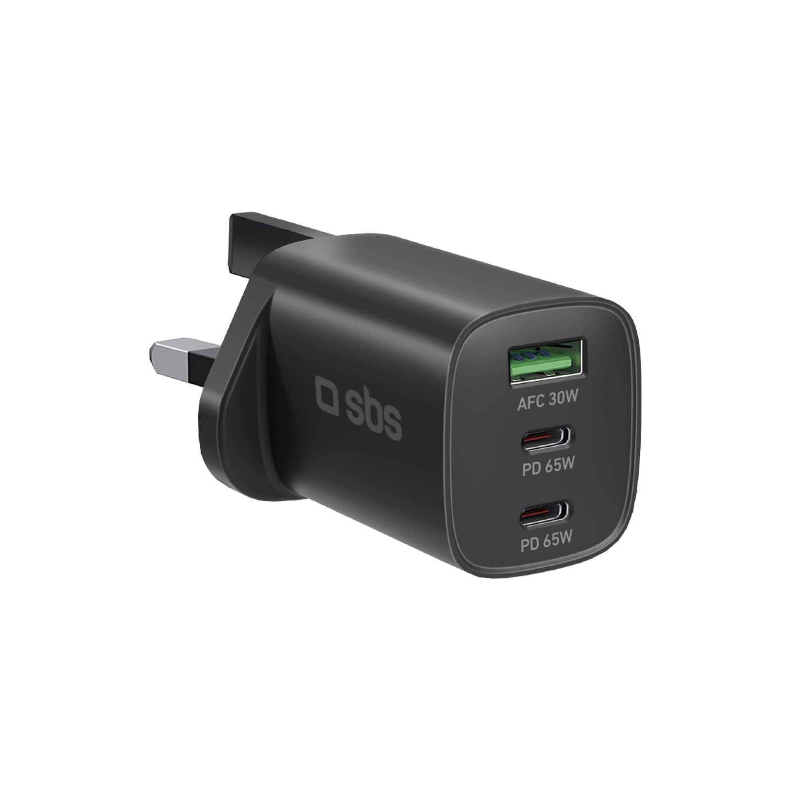 Caricatore caricabatterie con due prese USB-C e una USB-A 65W di potenza e spina inglese UK