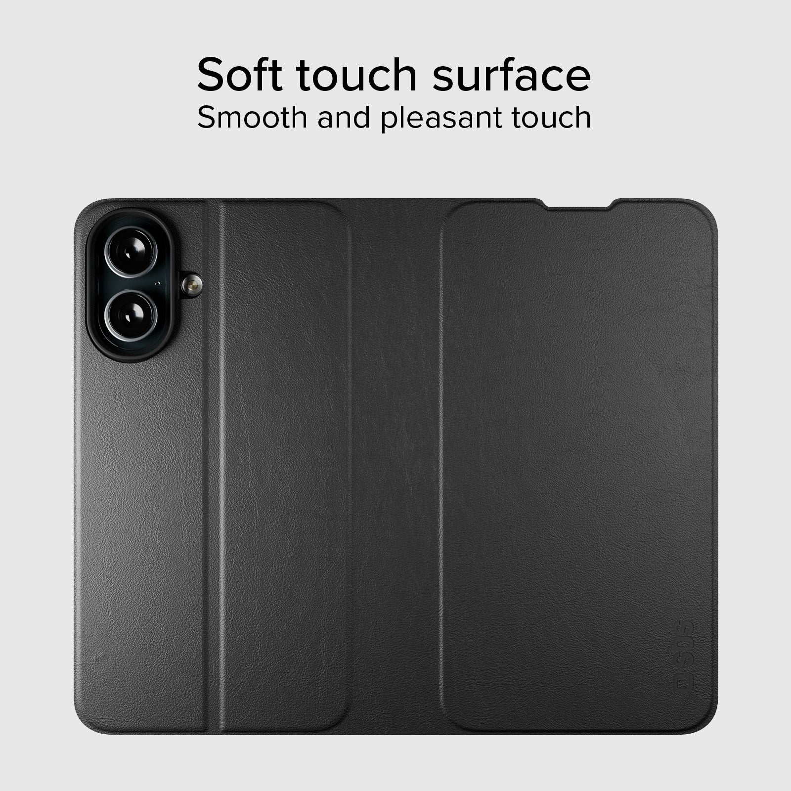 Custodia a libro con supporto stand e superficie soft touch per iPhone 16 Plus