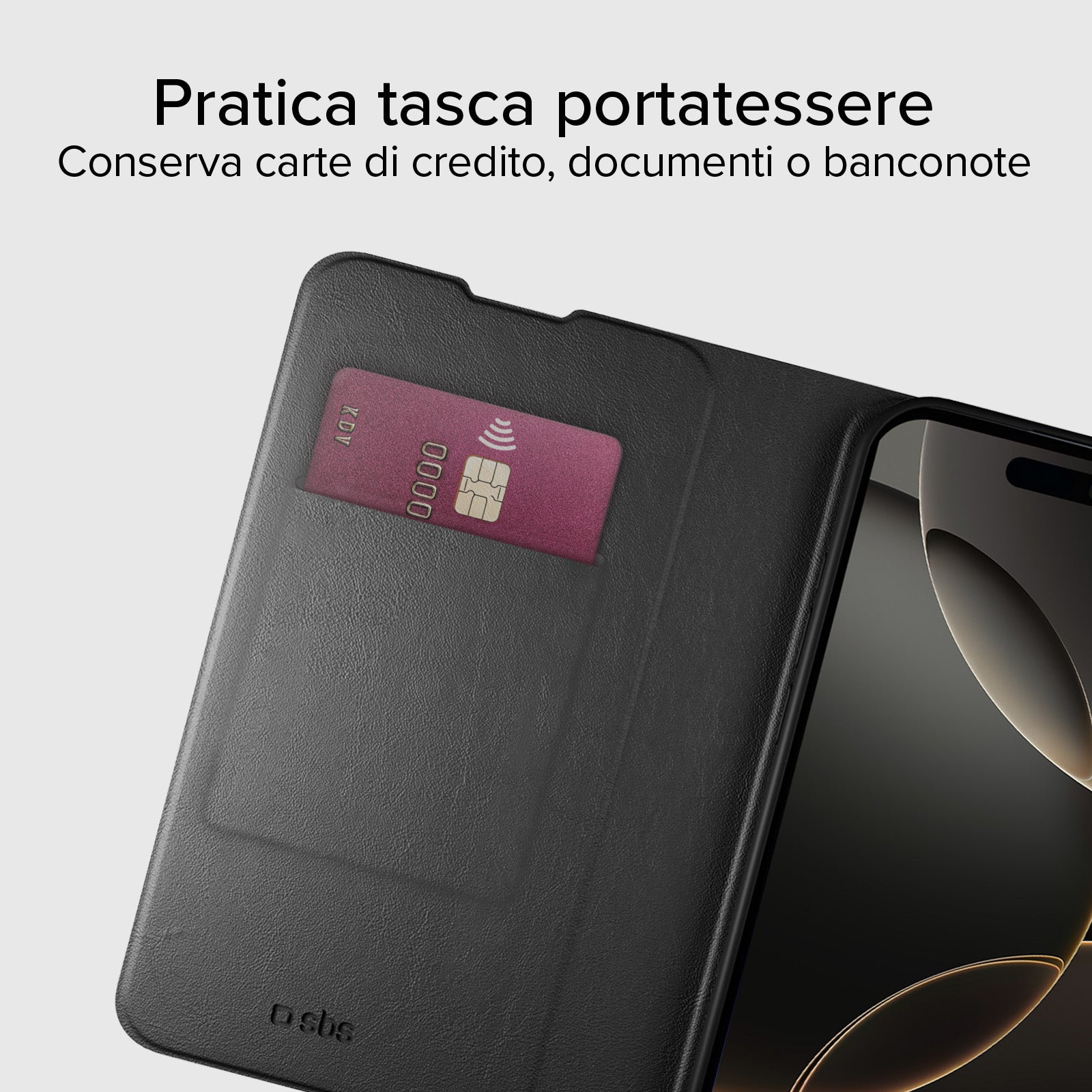 Custodia a libro con supporto stand e superficie soft touch per iPhone 16 Plus