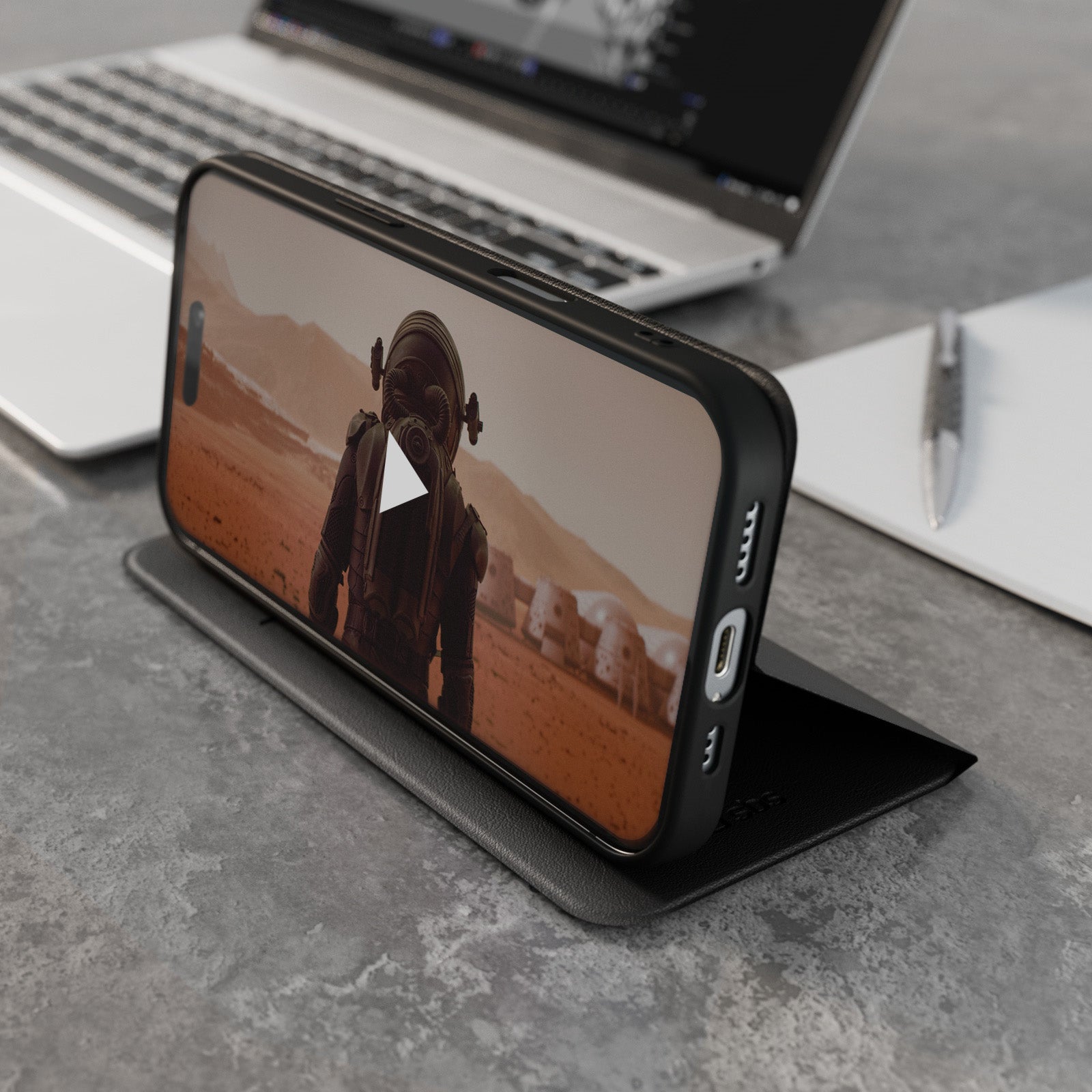 Custodia a libro con supporto stand e superficie soft touch per iPhone 16 Plus