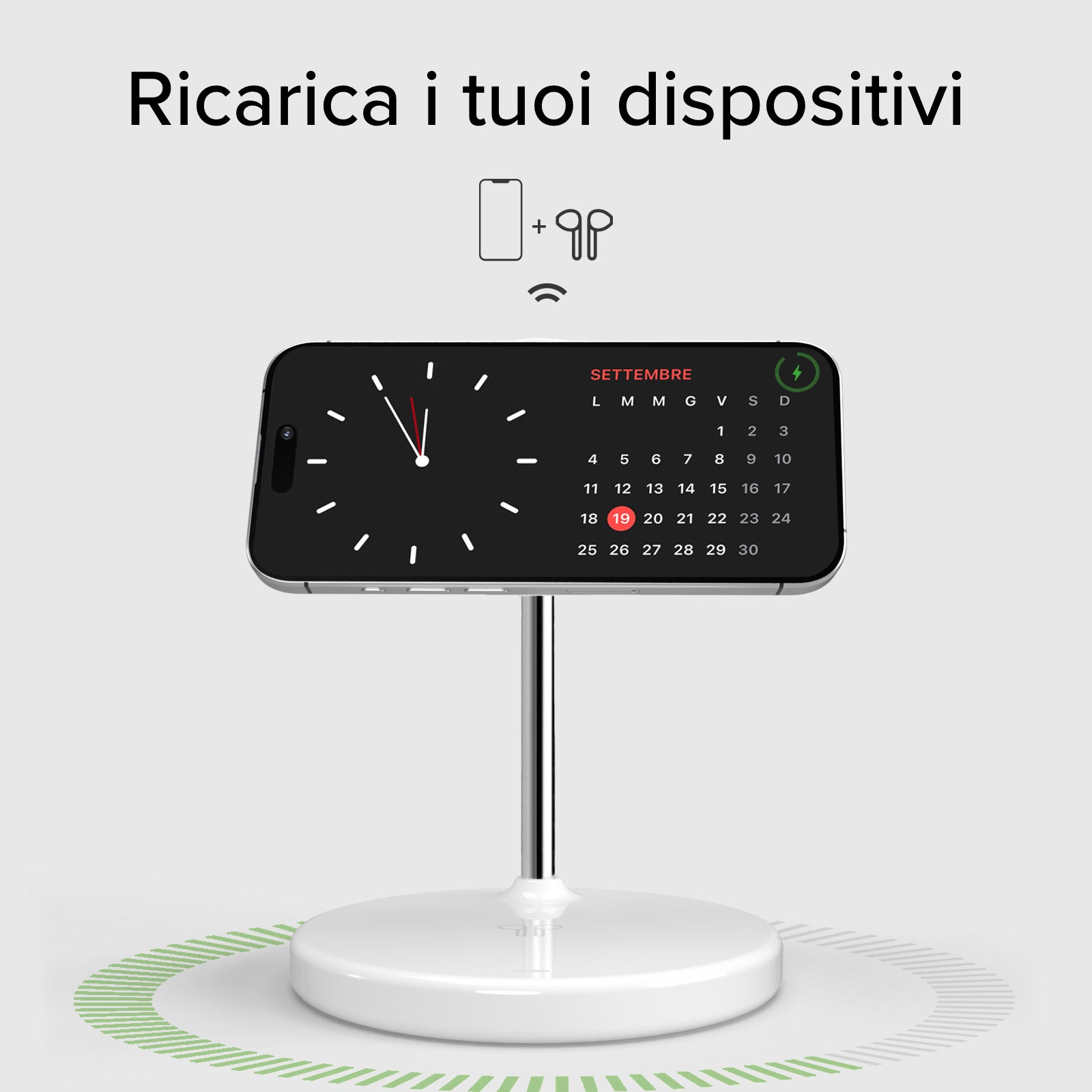 Stazione ricarica wireless Qi2 2x1 per iPhone, Android, auricolari wireless