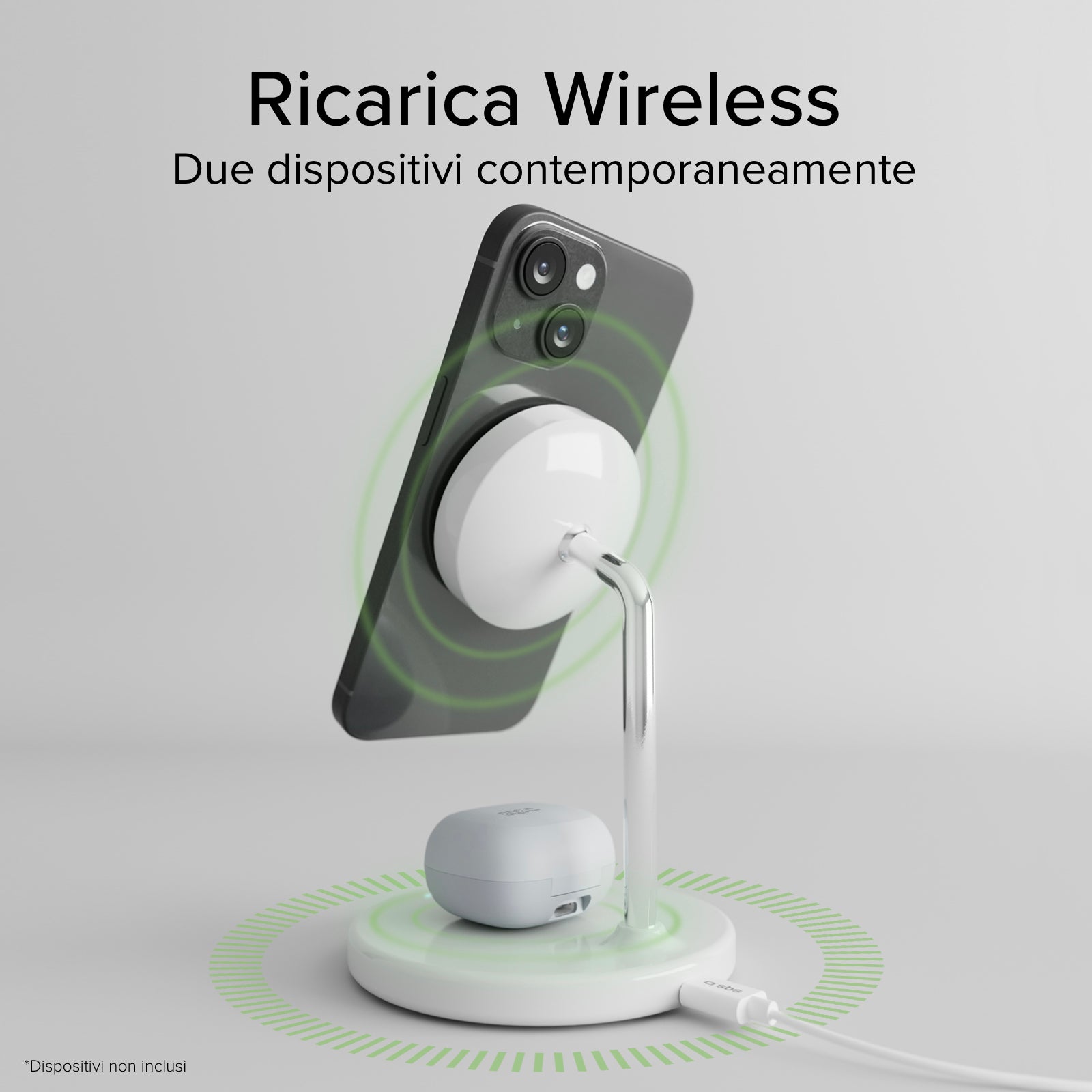 Stazione ricarica wireless Qi2 2x1 per iPhone, Android, auricolari wireless