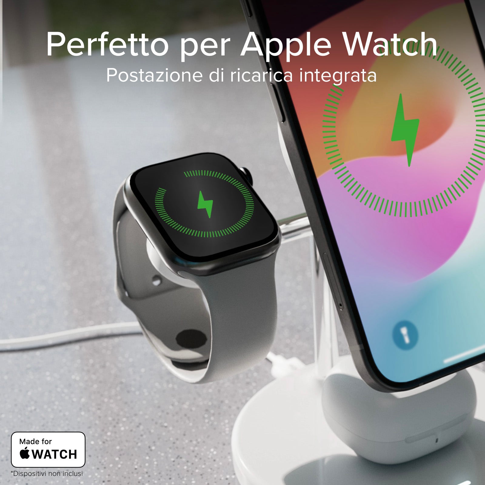Stazione ricarica wireless Qi2 per cellulari, Apple Watch, auricolari wireless