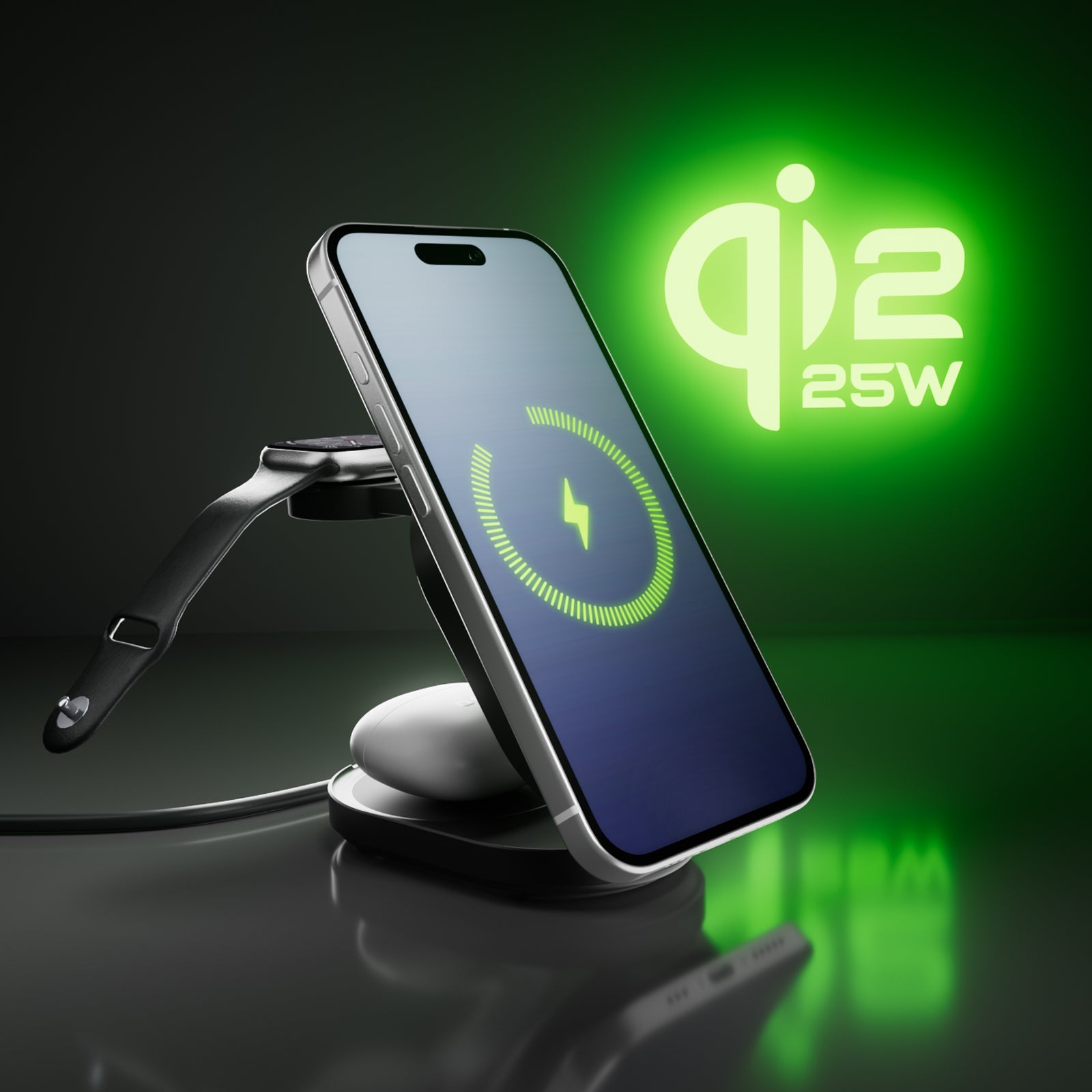 Base de carga inalámbrica Qi2 25W plegable 3 en 1 para iPhone Apple Watch y auriculares