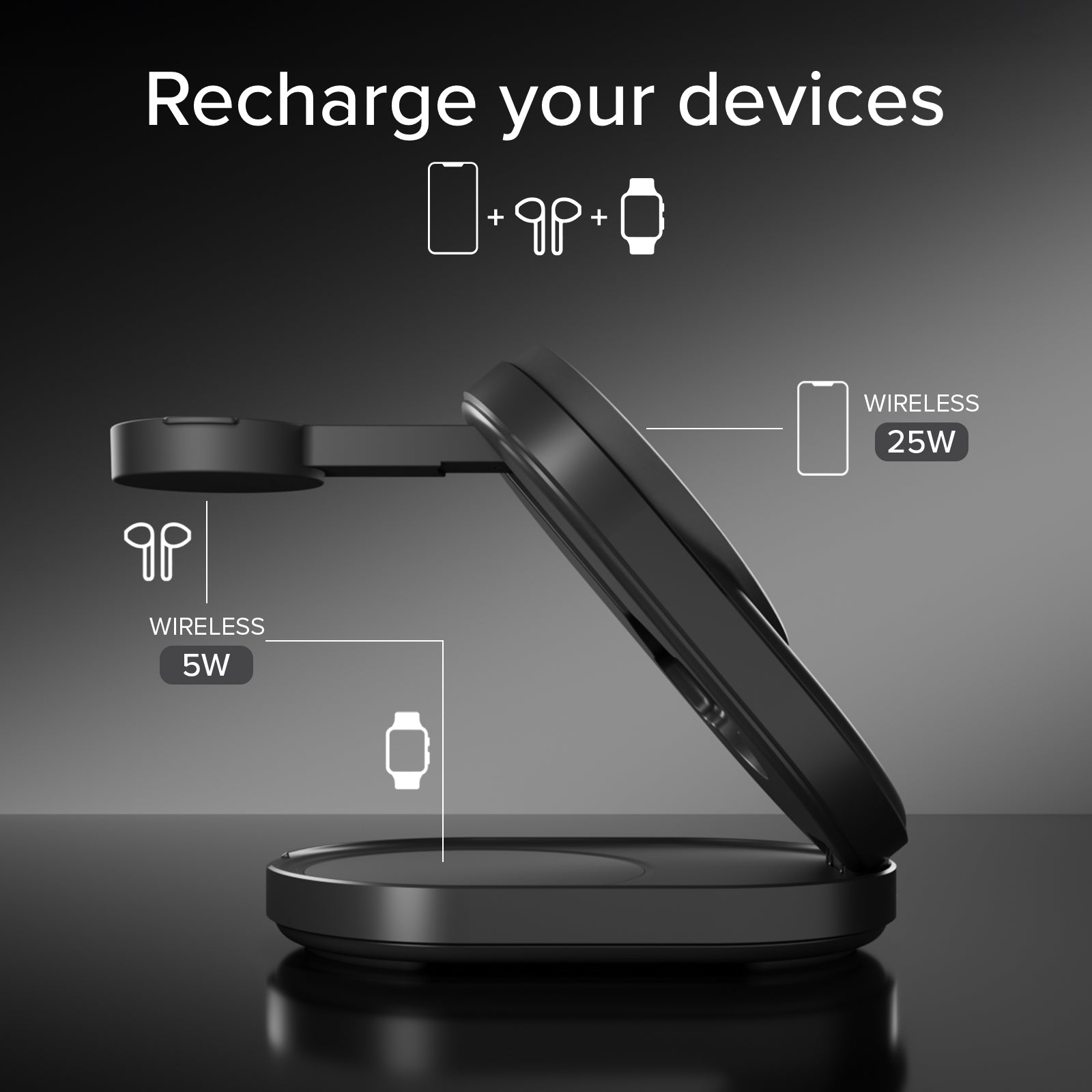 Base de carga inalámbrica Qi2 25W plegable 3 en 1 para iPhone Apple Watch y auriculares