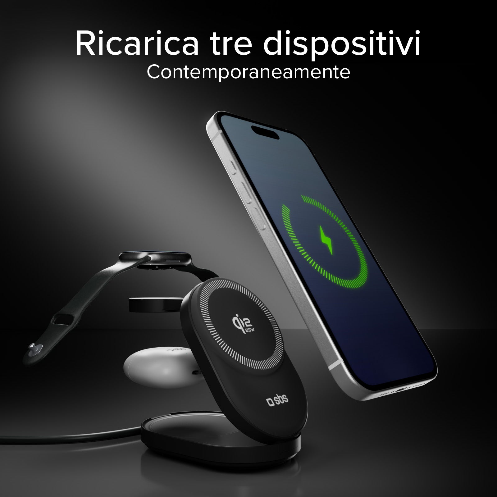 25 W Qi2 folding 3-in-1 wireless charging base for iPhones, Apple Watches, and Earphones