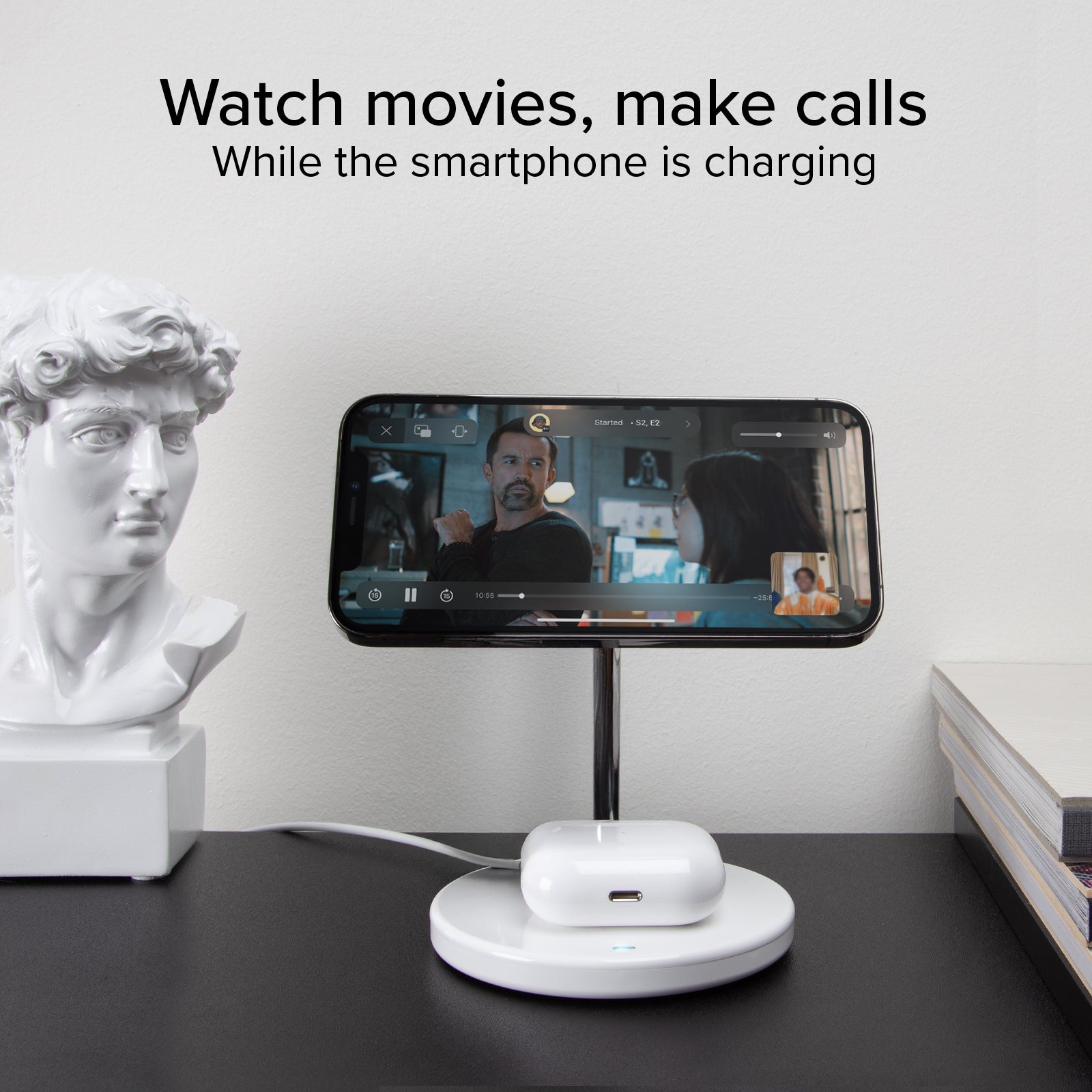 Station de recharge verticale sans fil 2-en-1 pour iPhone, téléphones Android, AirPods, écouteurs TWS