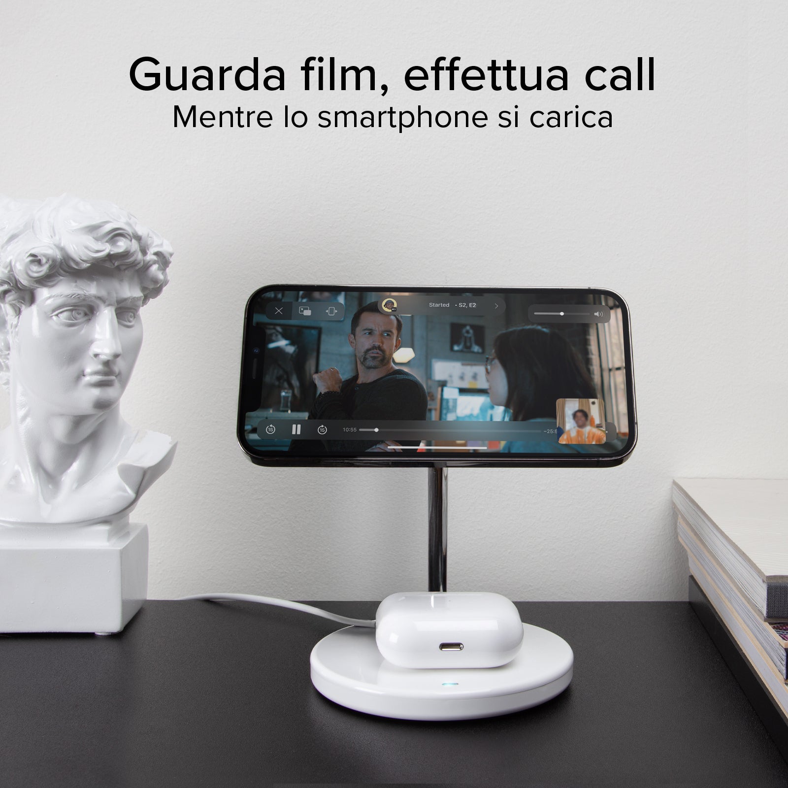 Station de recharge verticale sans fil 2-en-1 pour iPhone, téléphones Android, AirPods, écouteurs TWS