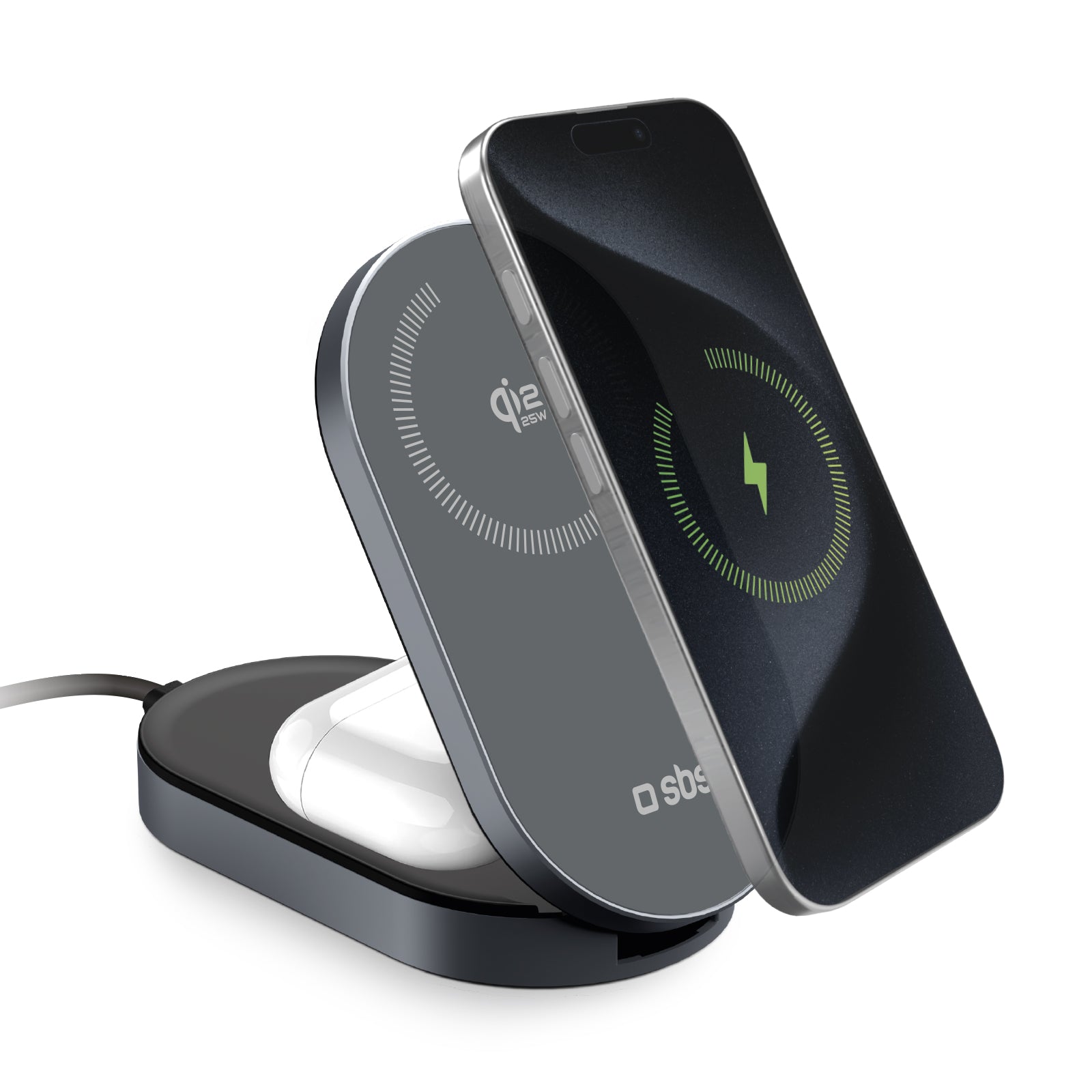 2-in-1 35 W Qi2.2 folding wireless charging base with included wall charger and USB-C cable