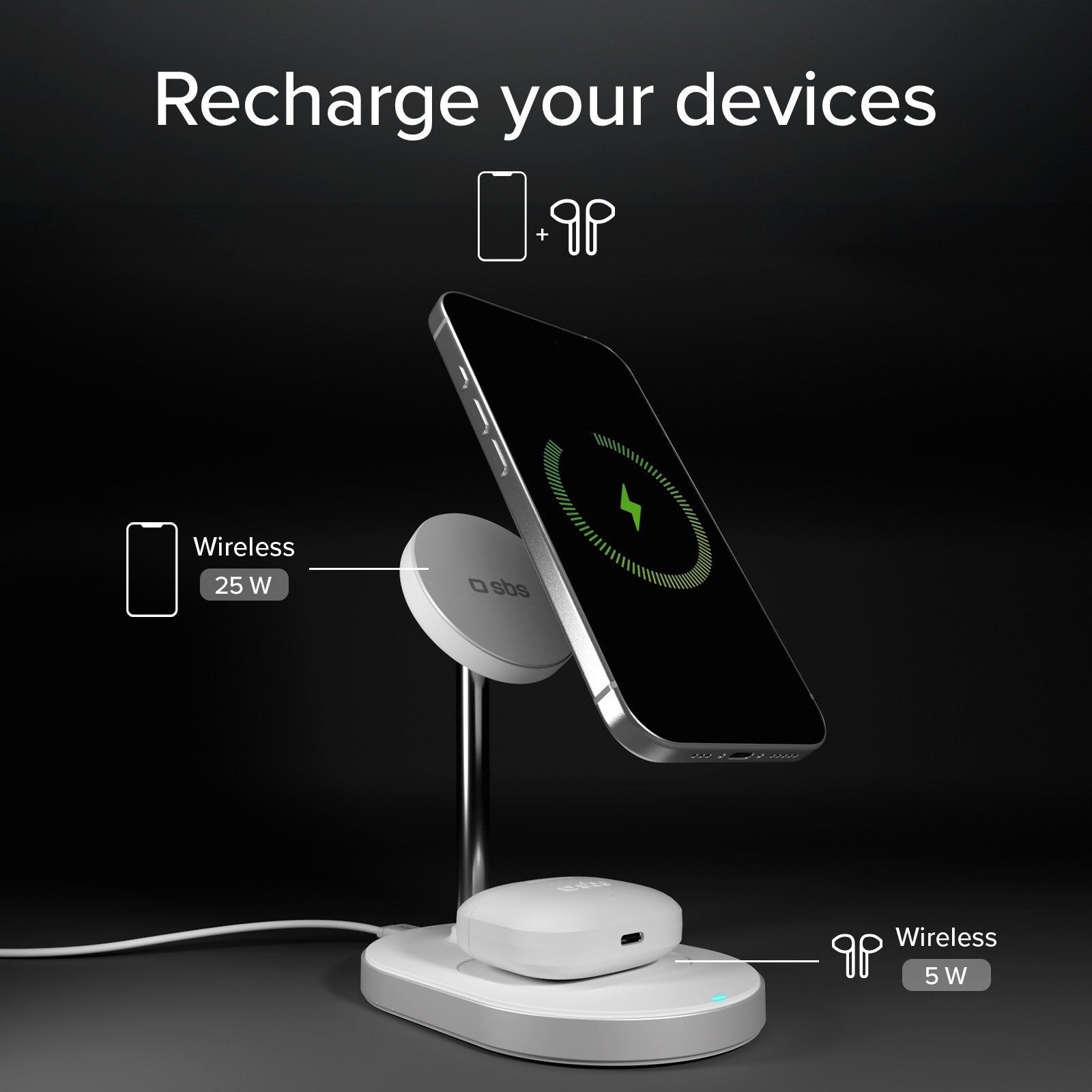 Kit ricarica wireless verticale 35W Qi2.2 con caricatore e cavo 1,5 m