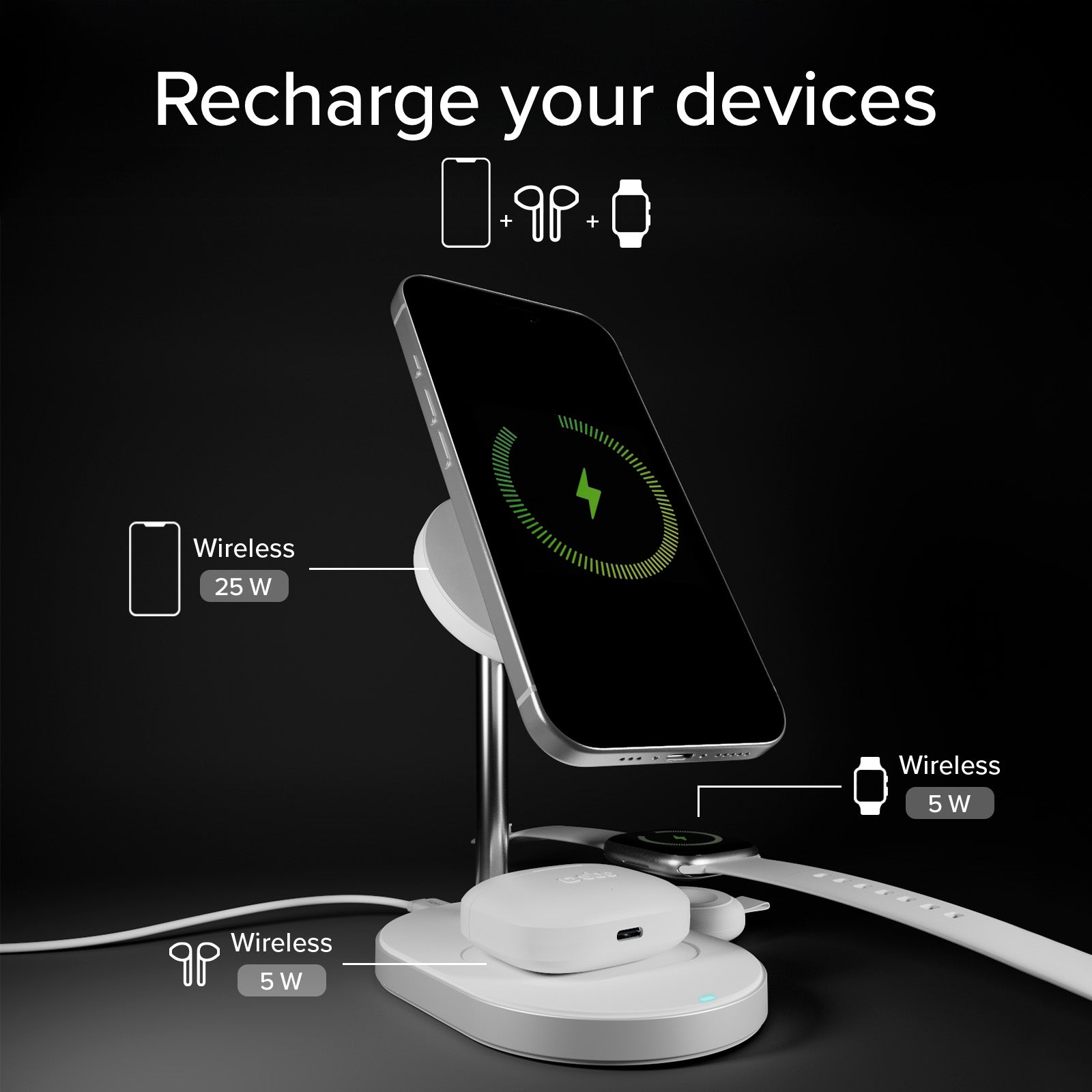 Stazione di ricarica wireless Qi2.2 per smartphone, auricolari wireless e smartwatch