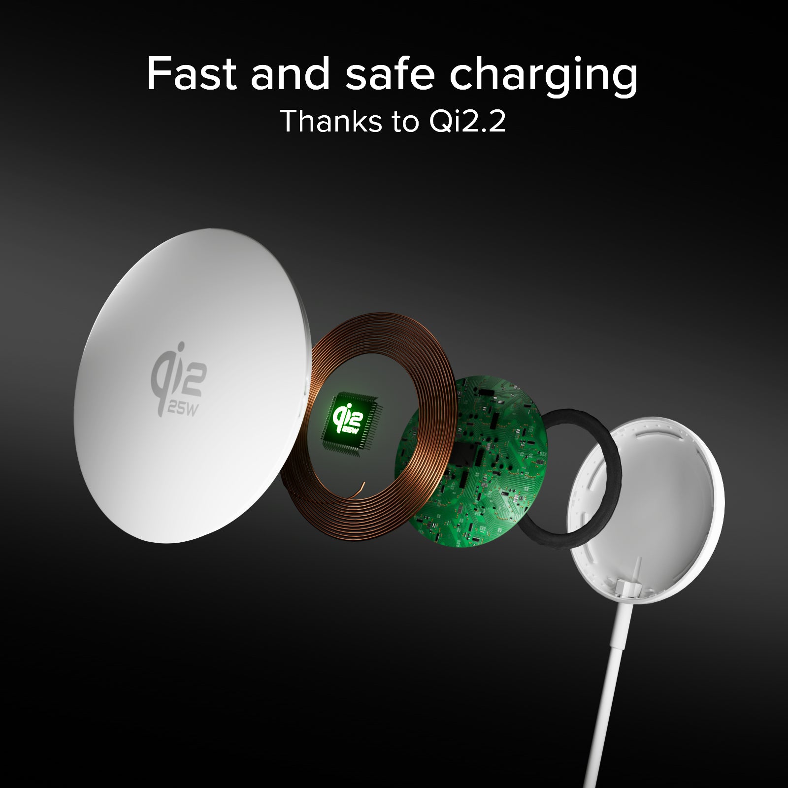 Magnetic Wireless Charger Qi2.2 25W with Integrated USB-C Cable (150 cm)