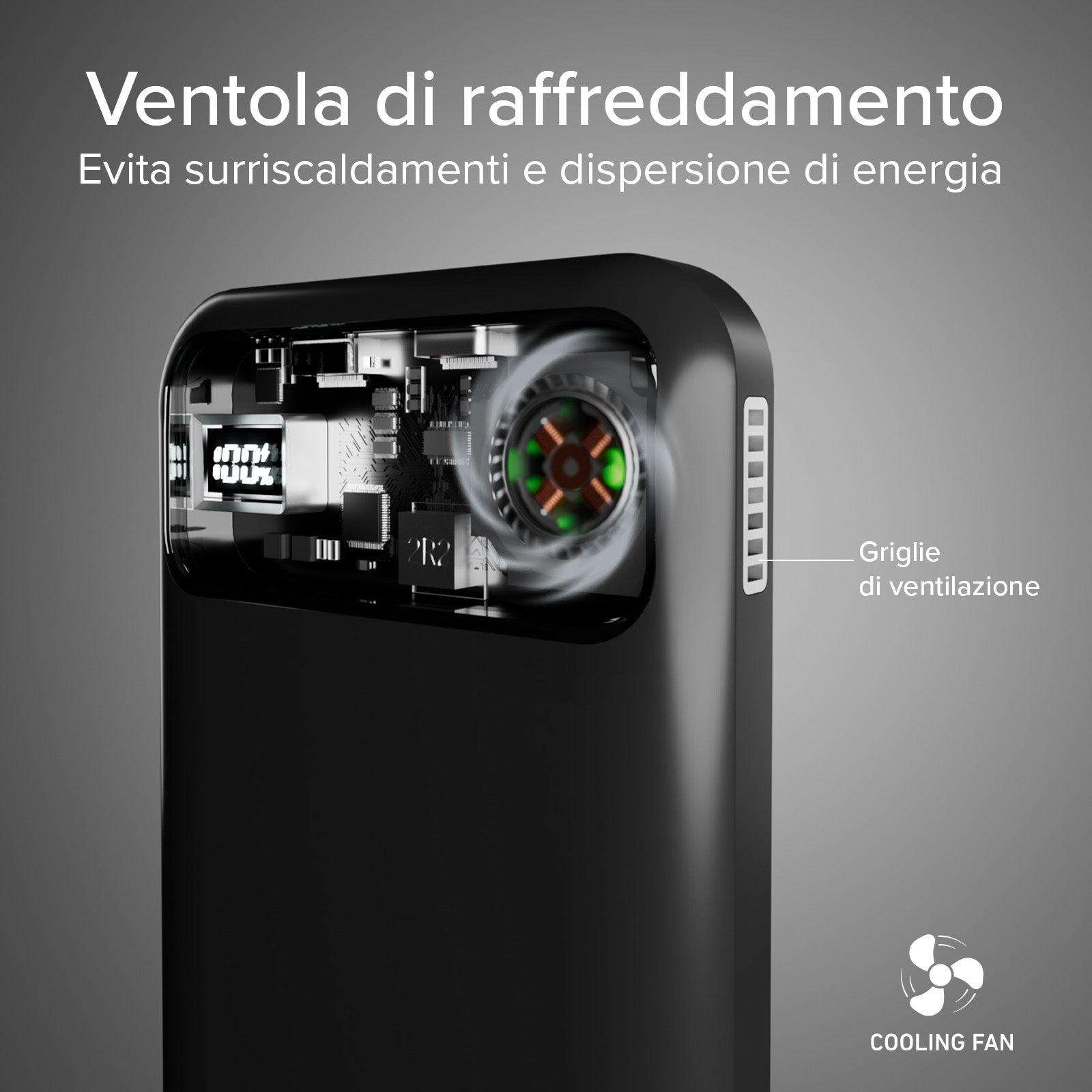 Power bank wireless da 10.000 mAh con ventola di raffreddamento