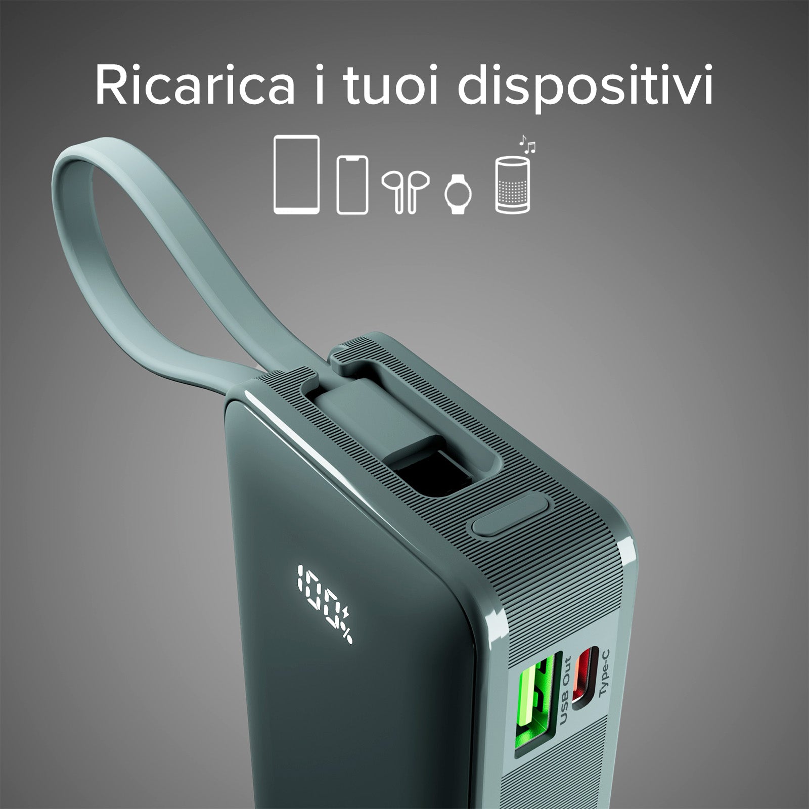 Power bank 10.000 mAh con cavo USB-C integrato