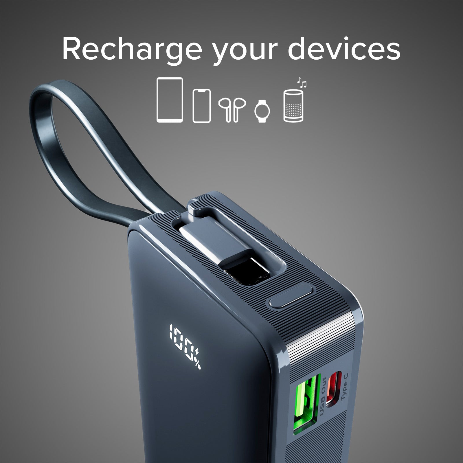 Power bank 10.000 mAh con cavo USB-C integrato