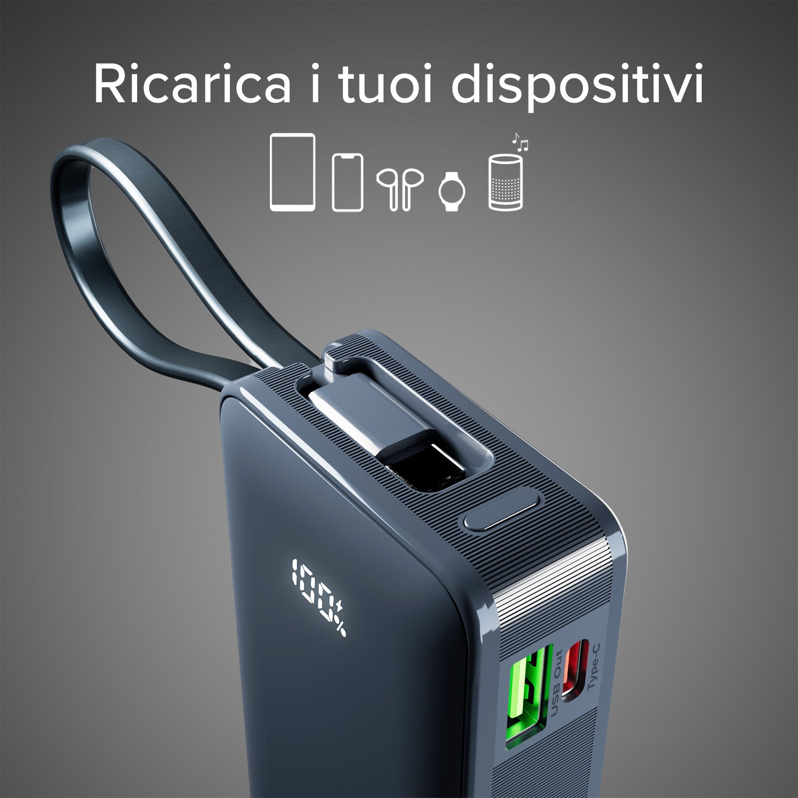 Power bank 10.000 mAh con cable USB-C integrado