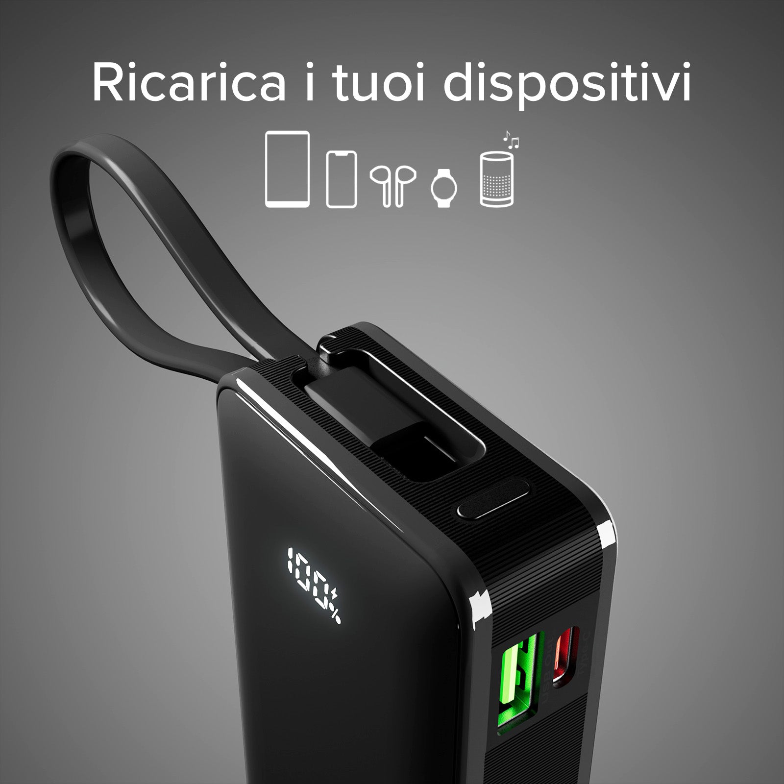 Power bank 10.000 mAh con cavo USB-C integrato