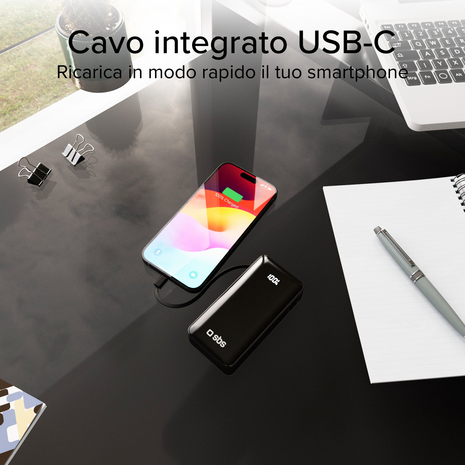 Power bank 10.000 mAh con cavo USB-C integrato