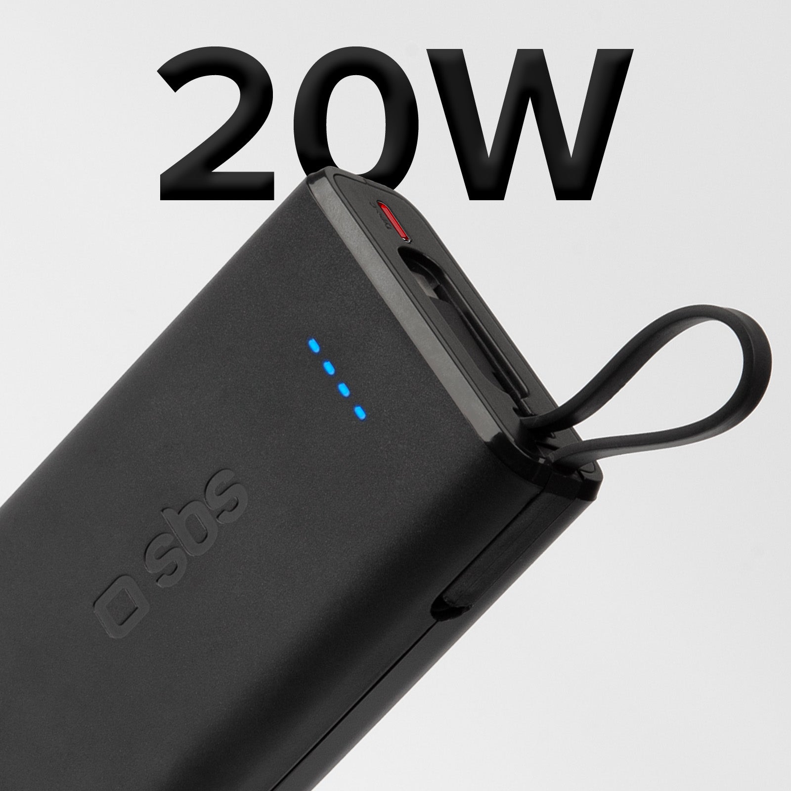 Batterie externe Power Delivery 20W de 10 000 mAh avec câble USB-C intégré.