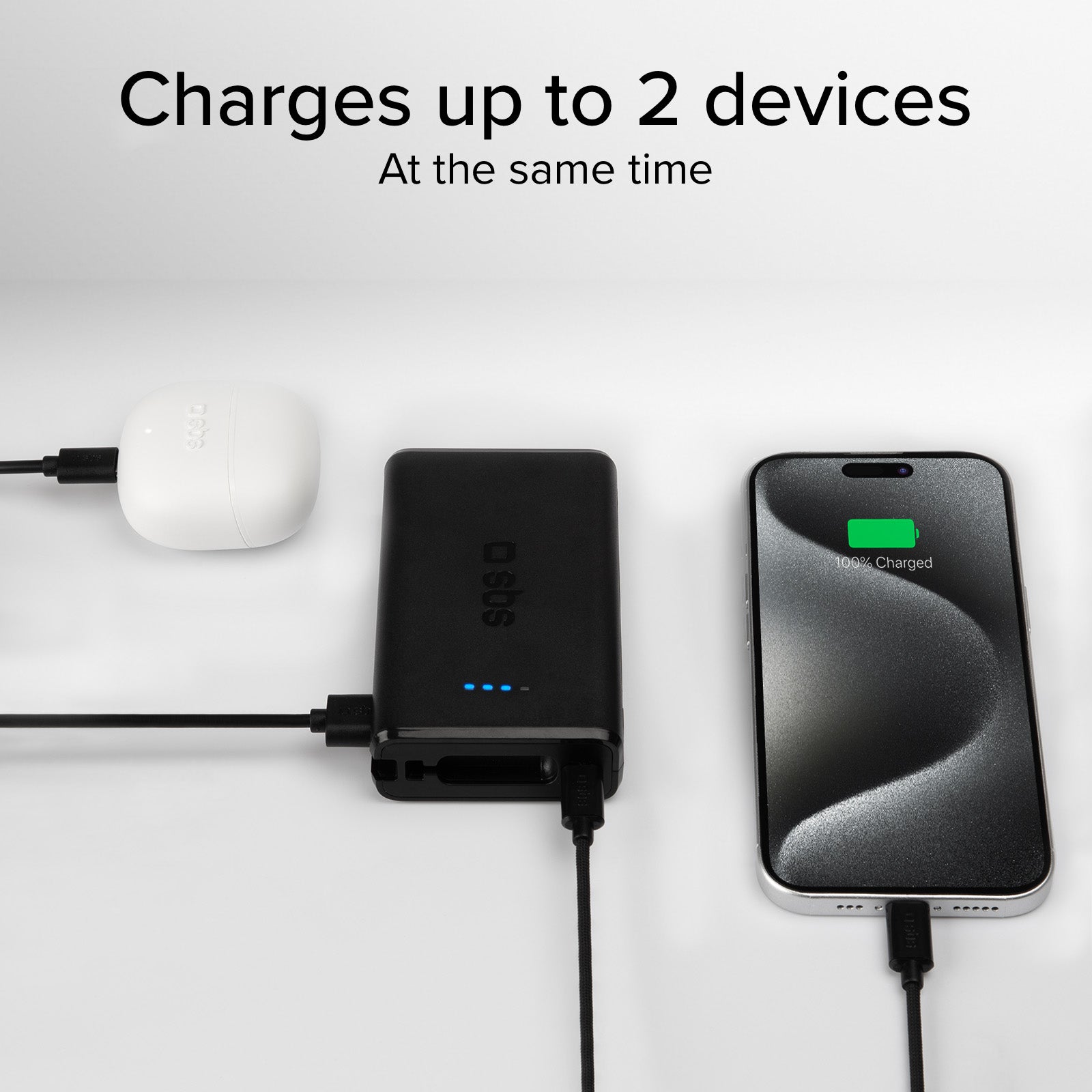 Batterie externe Power Delivery 20W de 10 000 mAh avec câble USB-C intégré.