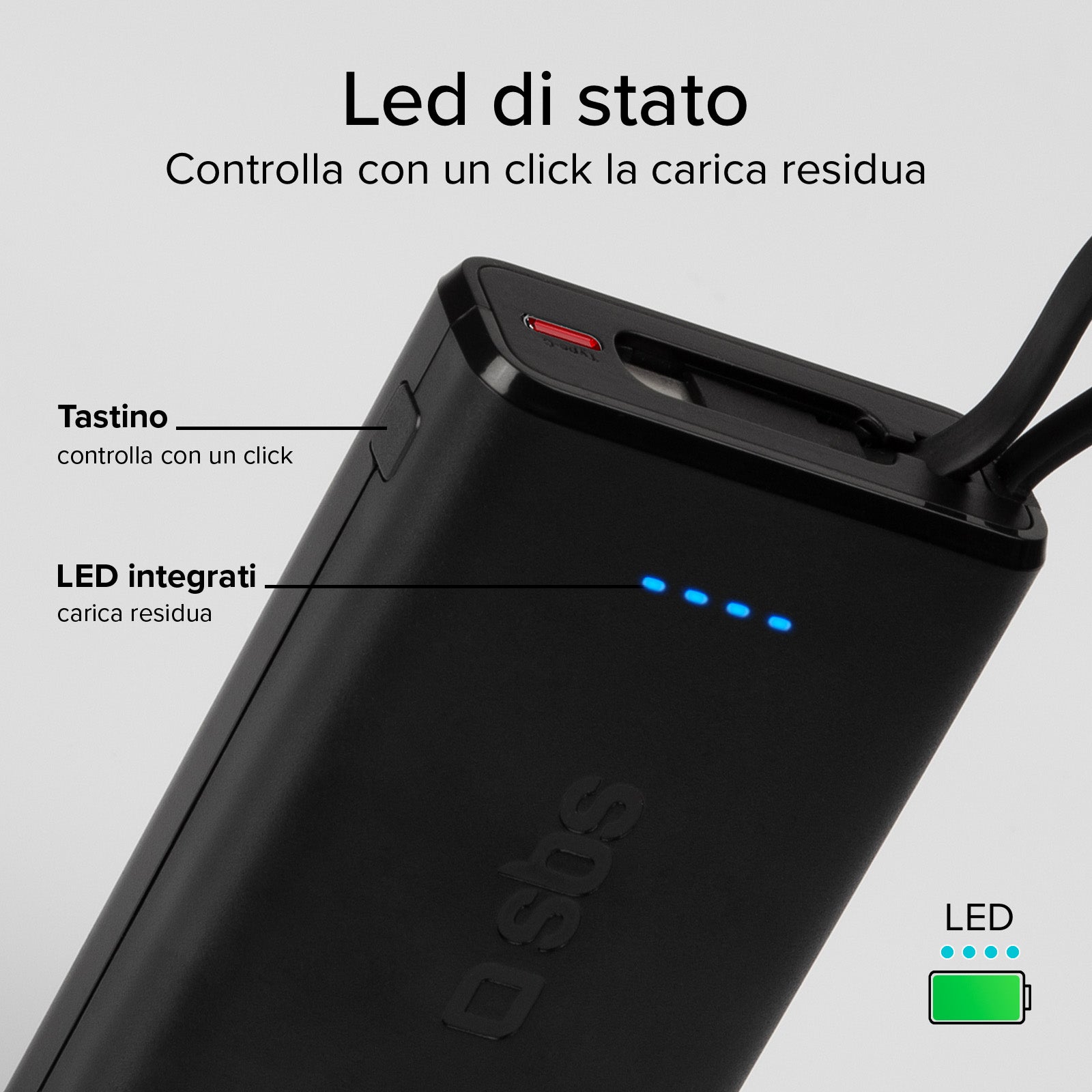 Powerbank Power Delivery 20W da 10000 mAh con cavo USB-C integrato