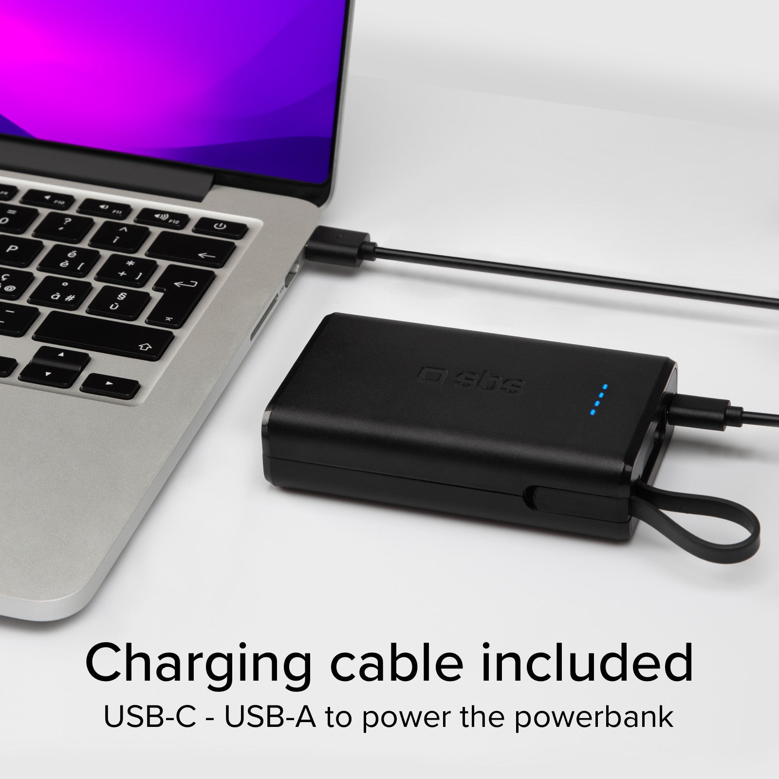 Batterie externe Power Delivery 20W de 10 000 mAh avec câble USB-C intégré.