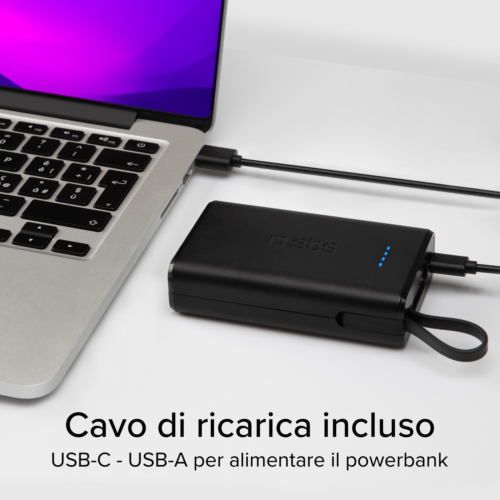 Batterie externe Power Delivery 20W de 10 000 mAh avec câble USB-C intégré.