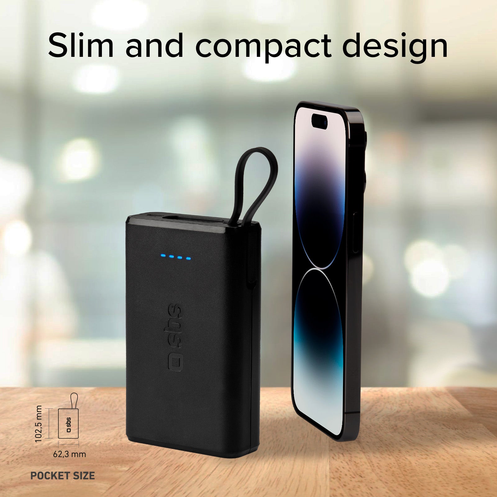 Batterie externe Power Delivery 20W de 10 000 mAh avec câble USB-C intégré.